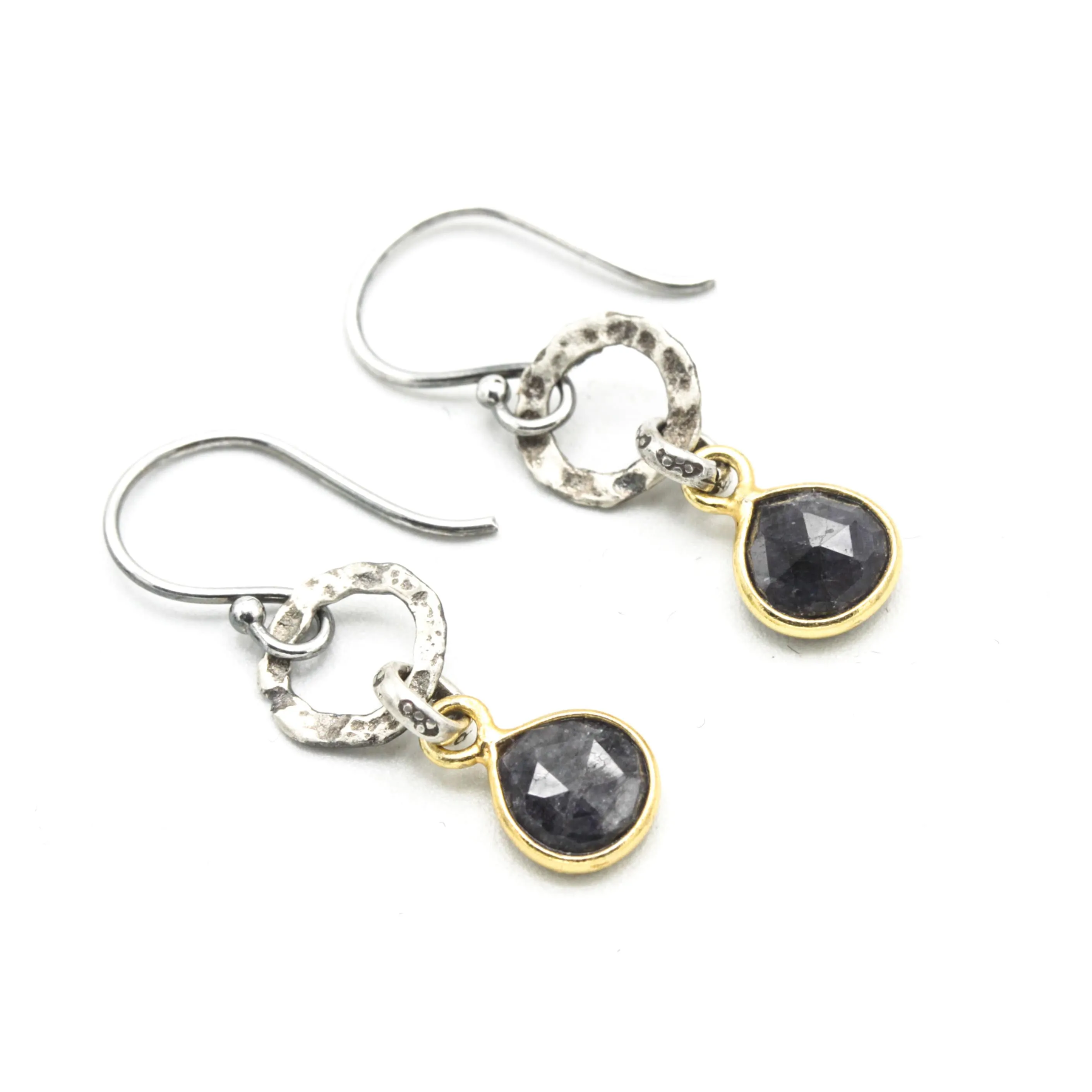 Teardrop faceted blue sapphire earrings in silver bezel setting with silver circle shape and hooks style on the top