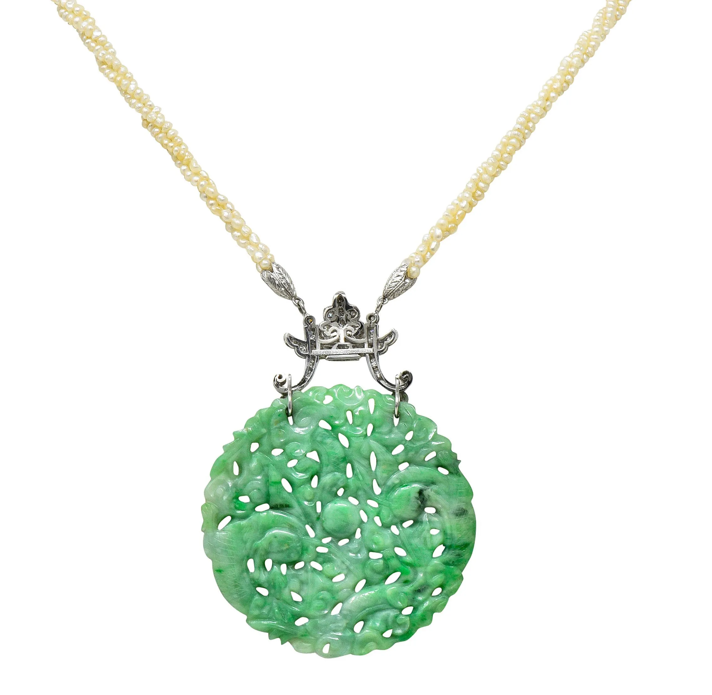 Tiffany & Co. Art Deco Carved Jade Dragon Snake Seed Pearl Diamond Platinum Sautoir Antique Pendant Necklace