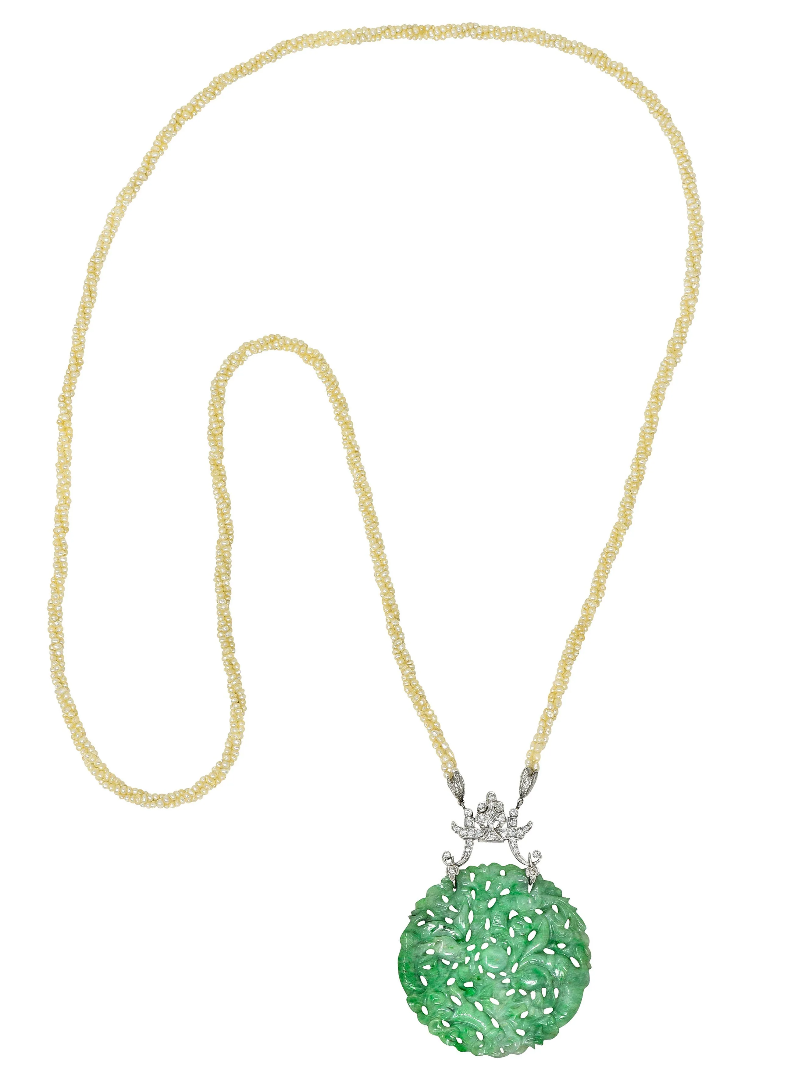 Tiffany & Co. Art Deco Carved Jade Dragon Snake Seed Pearl Diamond Platinum Sautoir Antique Pendant Necklace