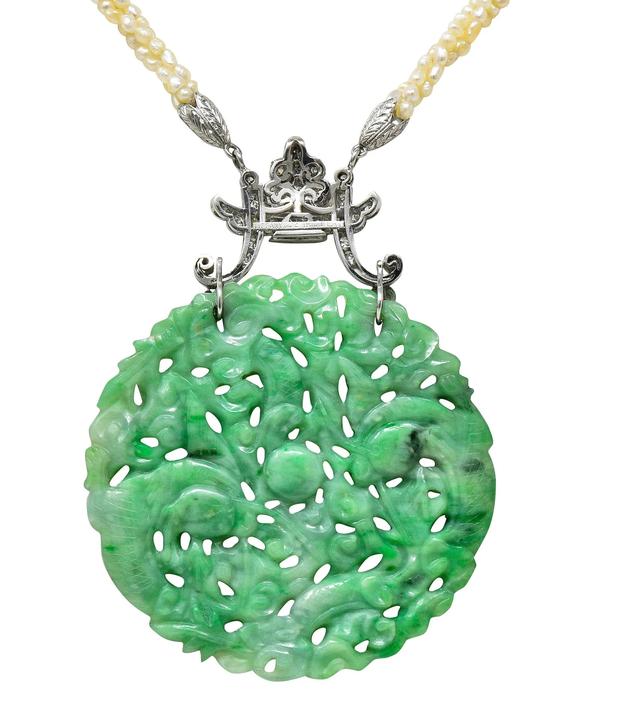 Tiffany & Co. Art Deco Carved Jade Dragon Snake Seed Pearl Diamond Platinum Sautoir Antique Pendant Necklace