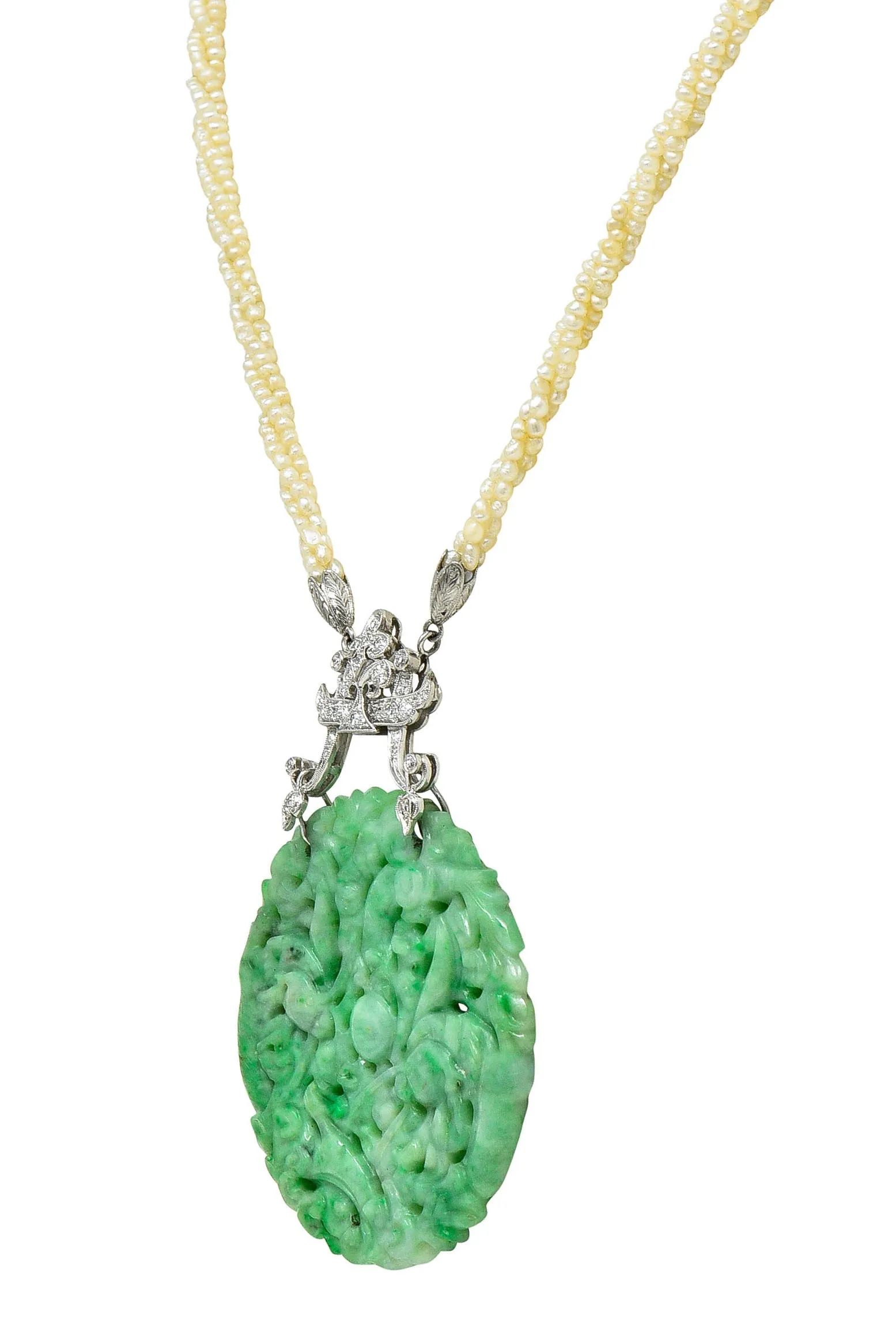 Tiffany & Co. Art Deco Carved Jade Dragon Snake Seed Pearl Diamond Platinum Sautoir Antique Pendant Necklace
