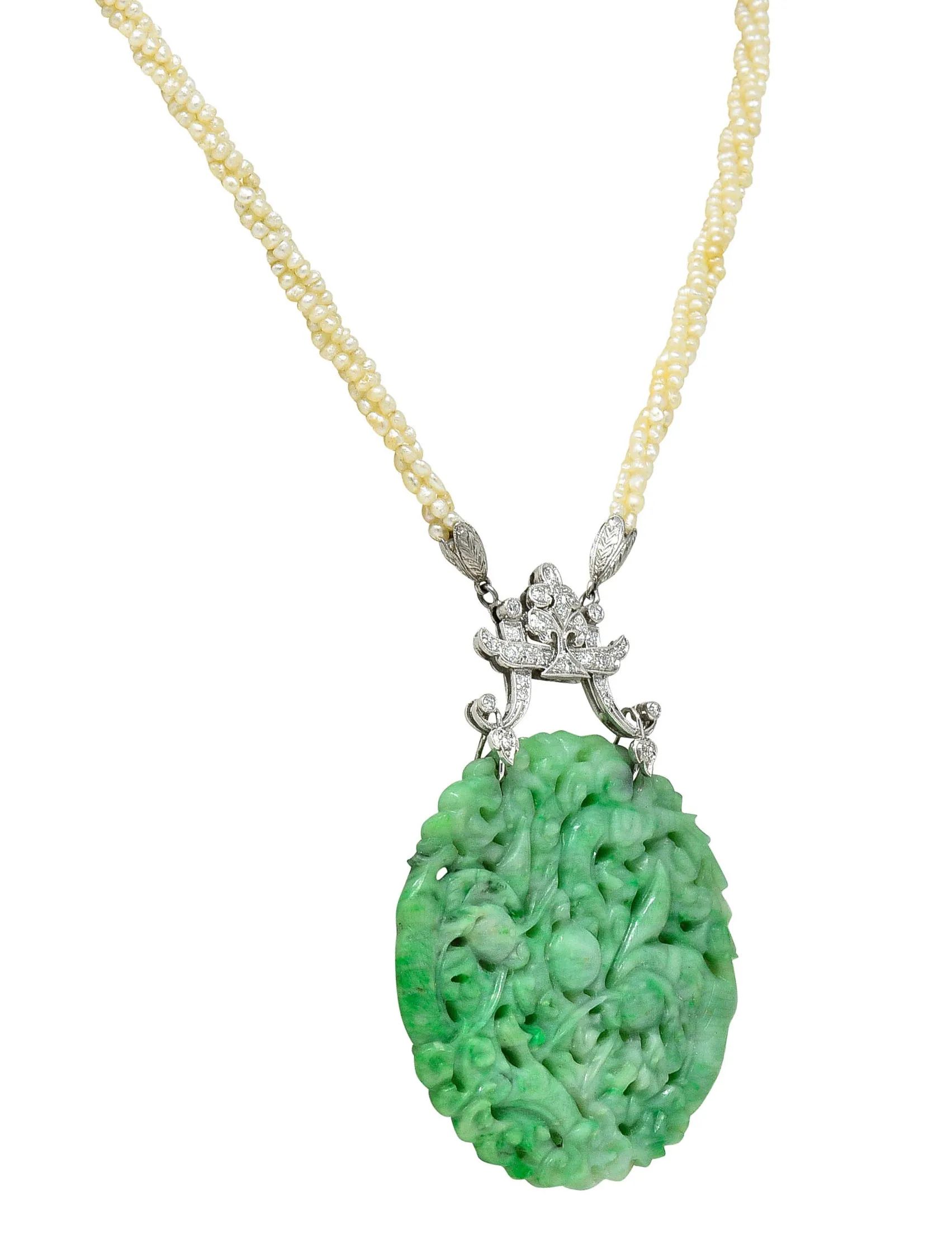 Tiffany & Co. Art Deco Carved Jade Dragon Snake Seed Pearl Diamond Platinum Sautoir Antique Pendant Necklace