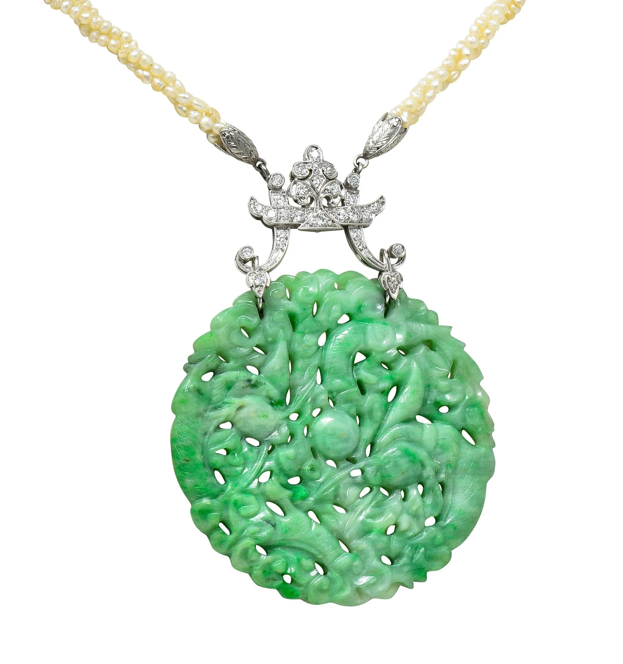 Tiffany & Co. Art Deco Carved Jade Dragon Snake Seed Pearl Diamond Platinum Sautoir Antique Pendant Necklace