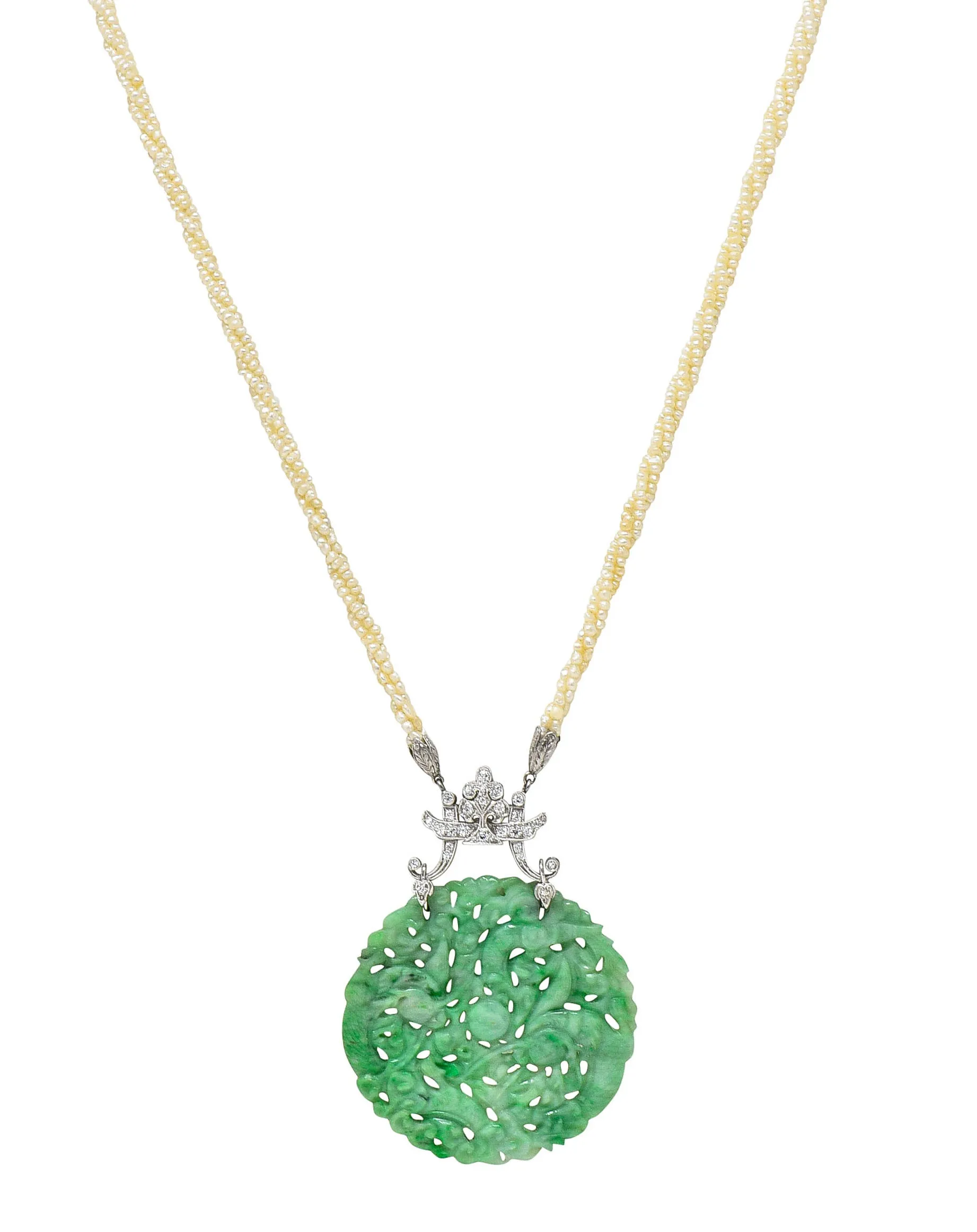 Tiffany & Co. Art Deco Carved Jade Dragon Snake Seed Pearl Diamond Platinum Sautoir Antique Pendant Necklace