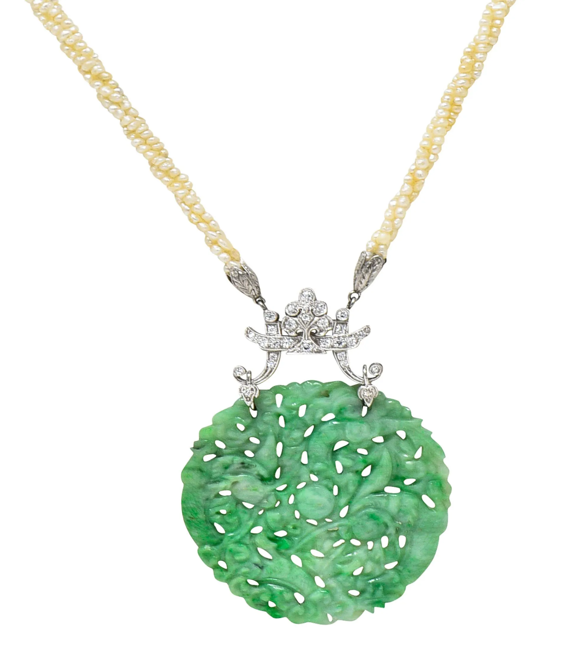 Tiffany & Co. Art Deco Carved Jade Dragon Snake Seed Pearl Diamond Platinum Sautoir Antique Pendant Necklace