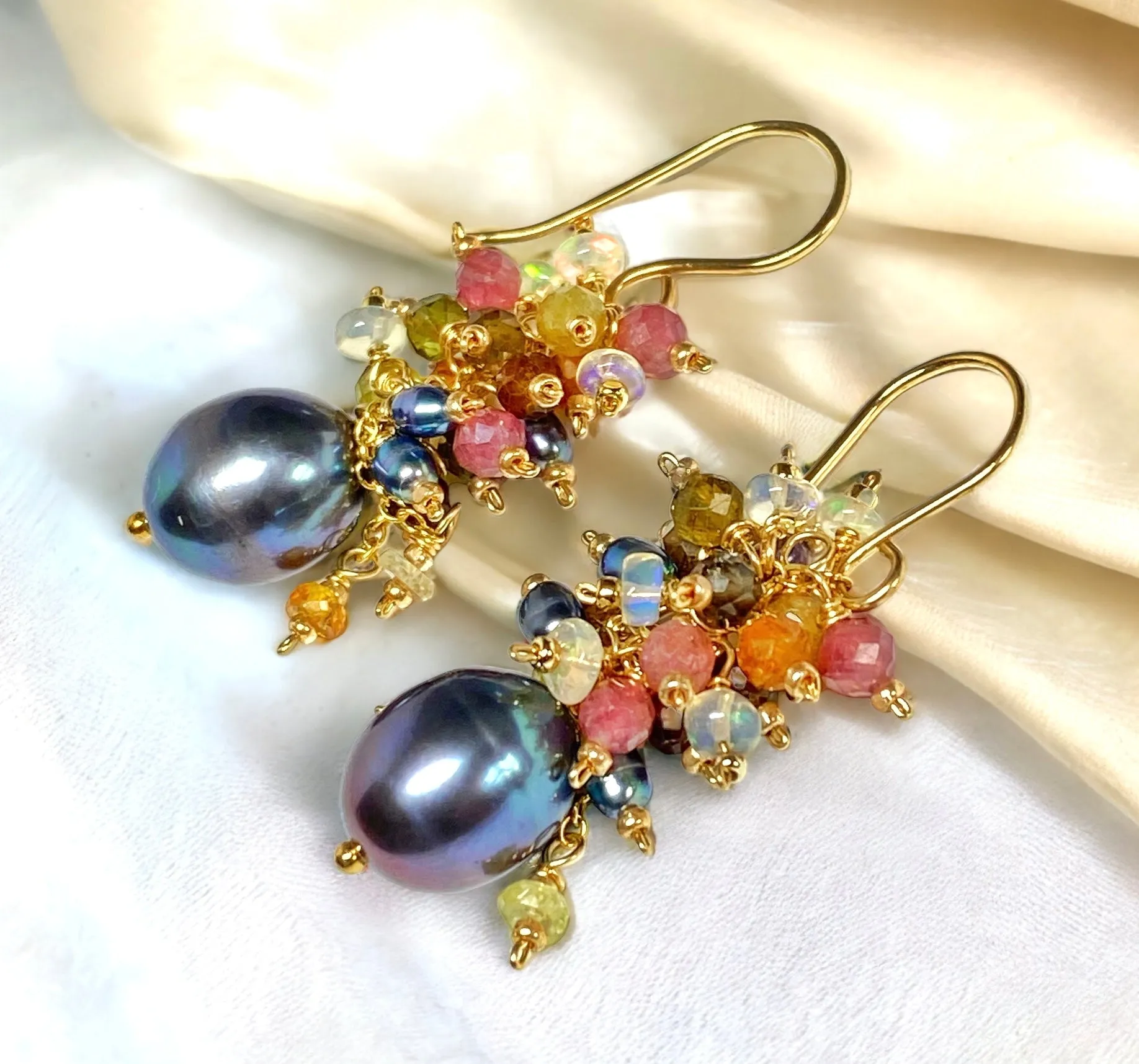 Tourmaline and Opal Cluster Earrings with Black Peacock Pearls