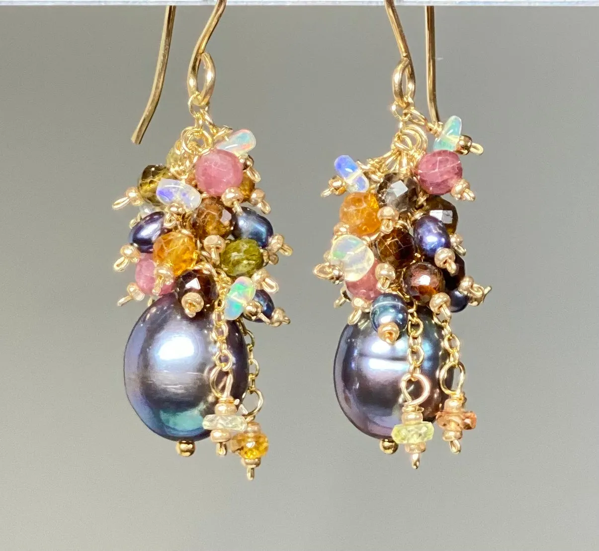 Tourmaline and Opal Cluster Earrings with Black Peacock Pearls