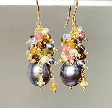 Tourmaline and Opal Cluster Earrings with Black Peacock Pearls