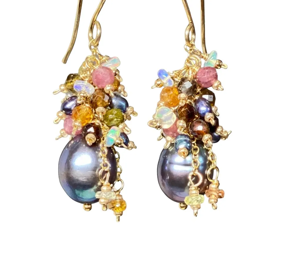 Tourmaline and Opal Cluster Earrings with Black Peacock Pearls