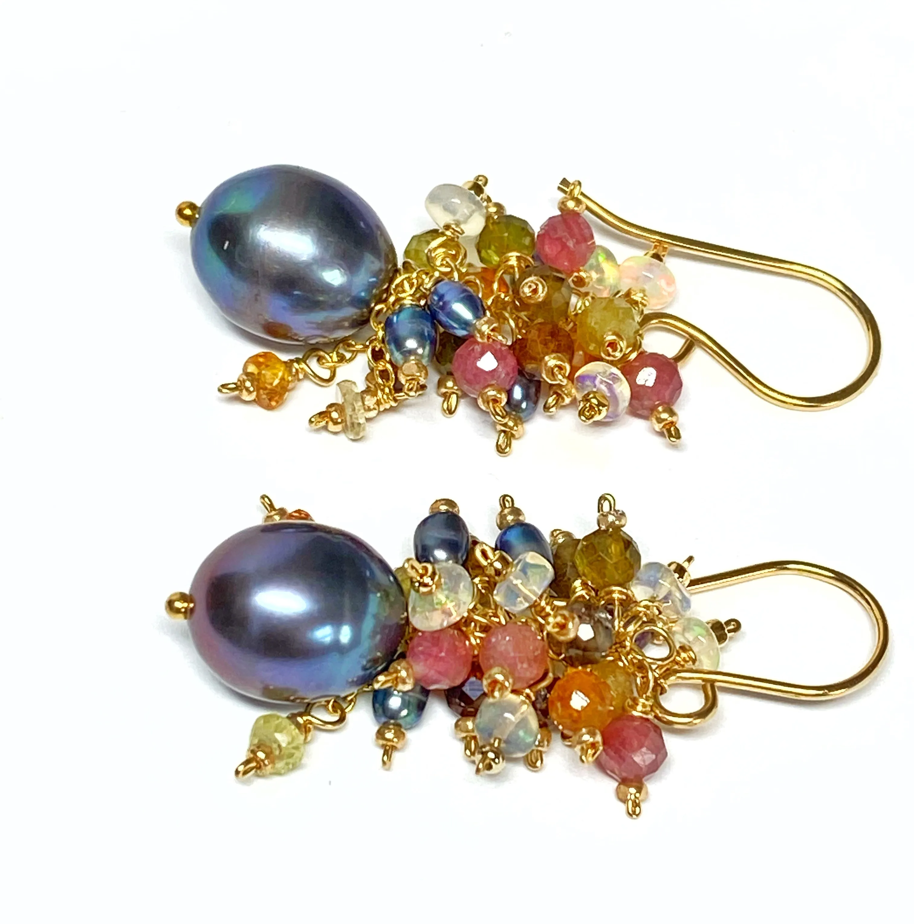 Tourmaline and Opal Cluster Earrings with Black Peacock Pearls