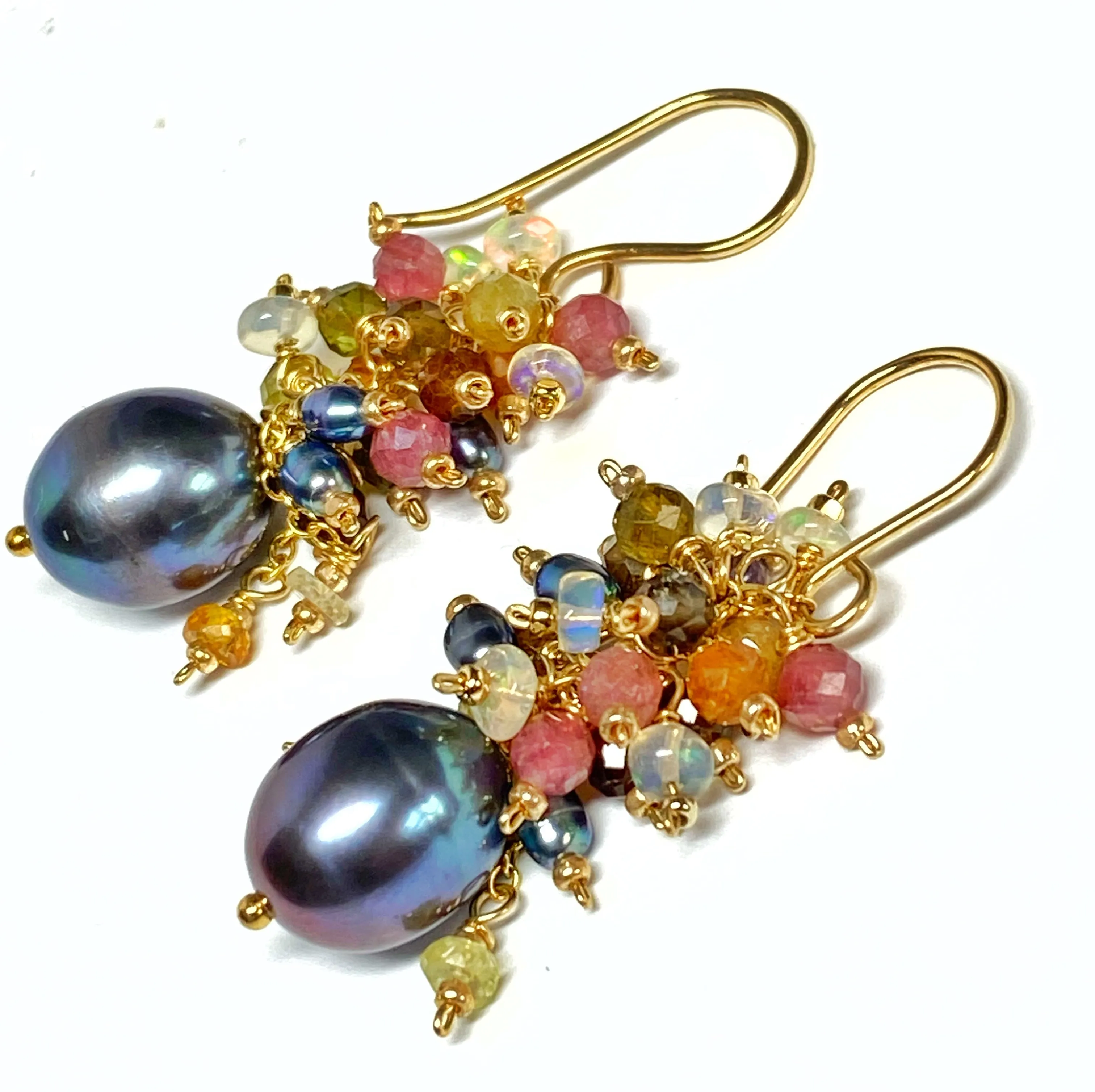 Tourmaline and Opal Cluster Earrings with Black Peacock Pearls