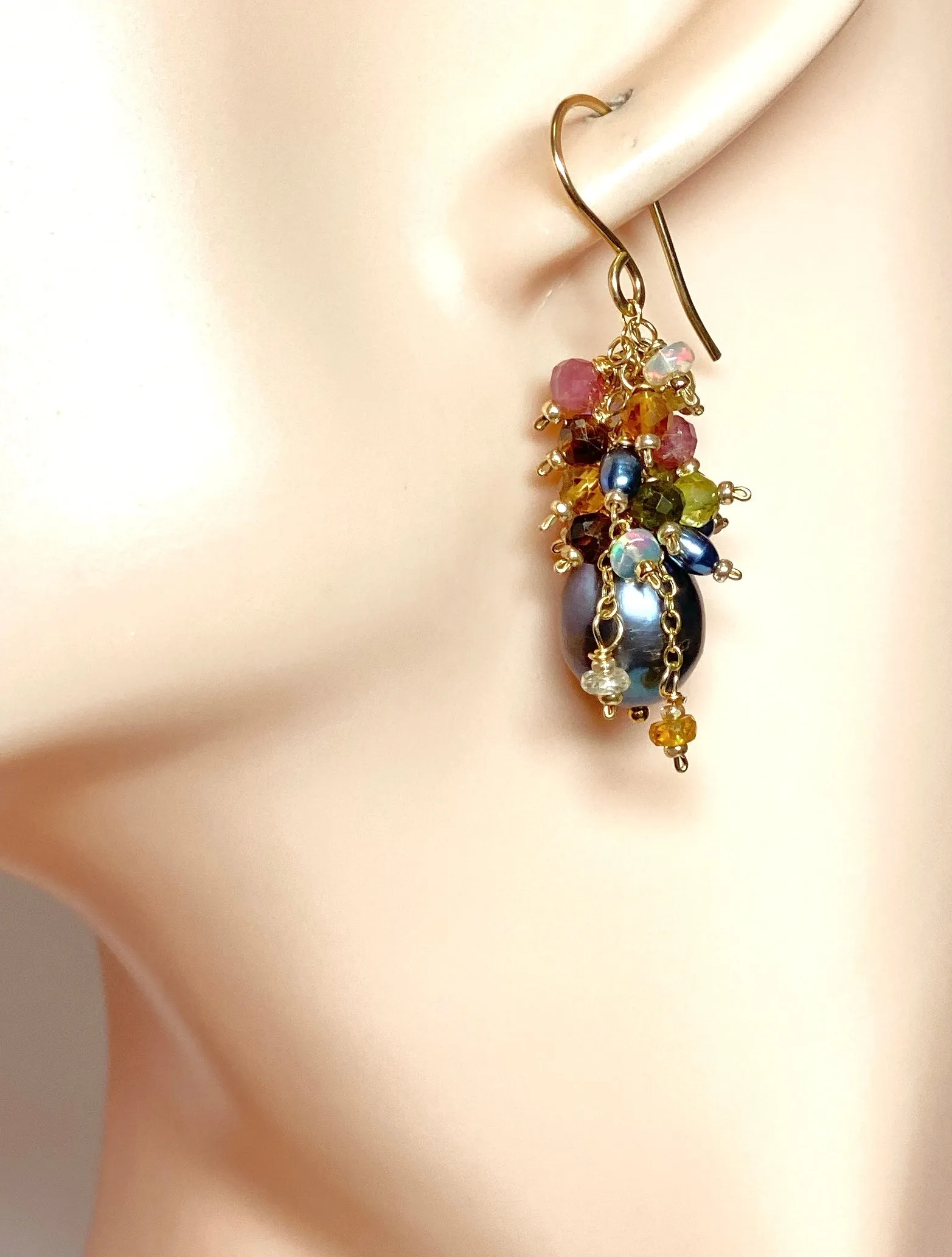Tourmaline and Opal Cluster Earrings with Black Peacock Pearls