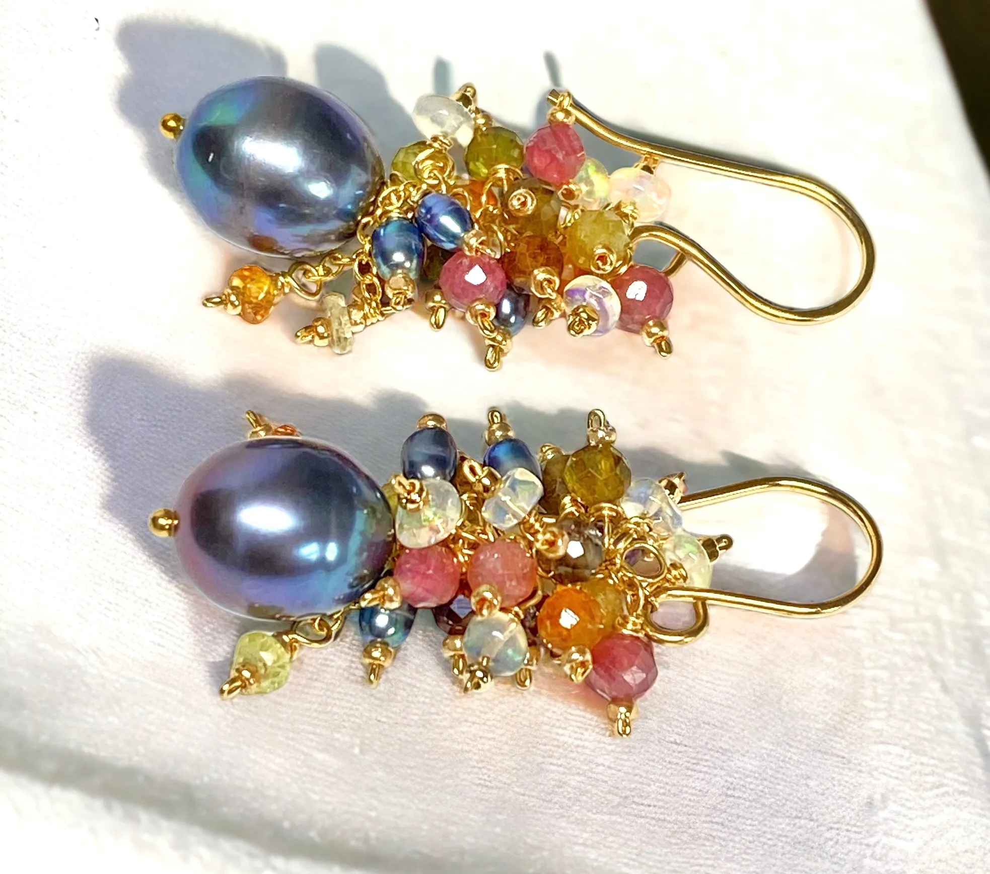 Tourmaline and Opal Cluster Earrings with Black Peacock Pearls