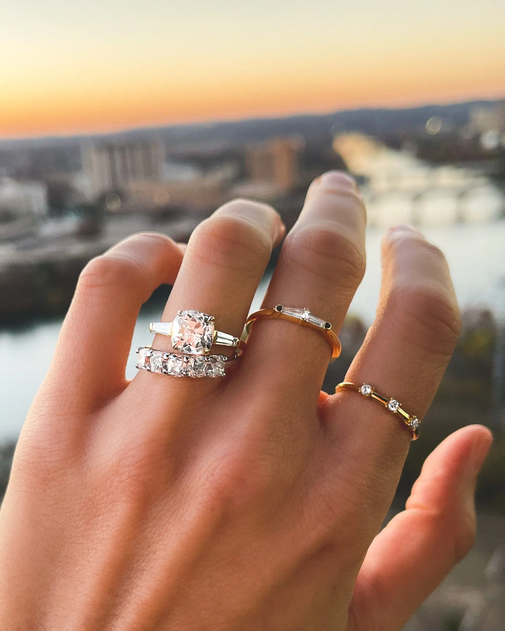 Translunar Tapered Baguette Engagement Ring With Old Mine Cut Diamond