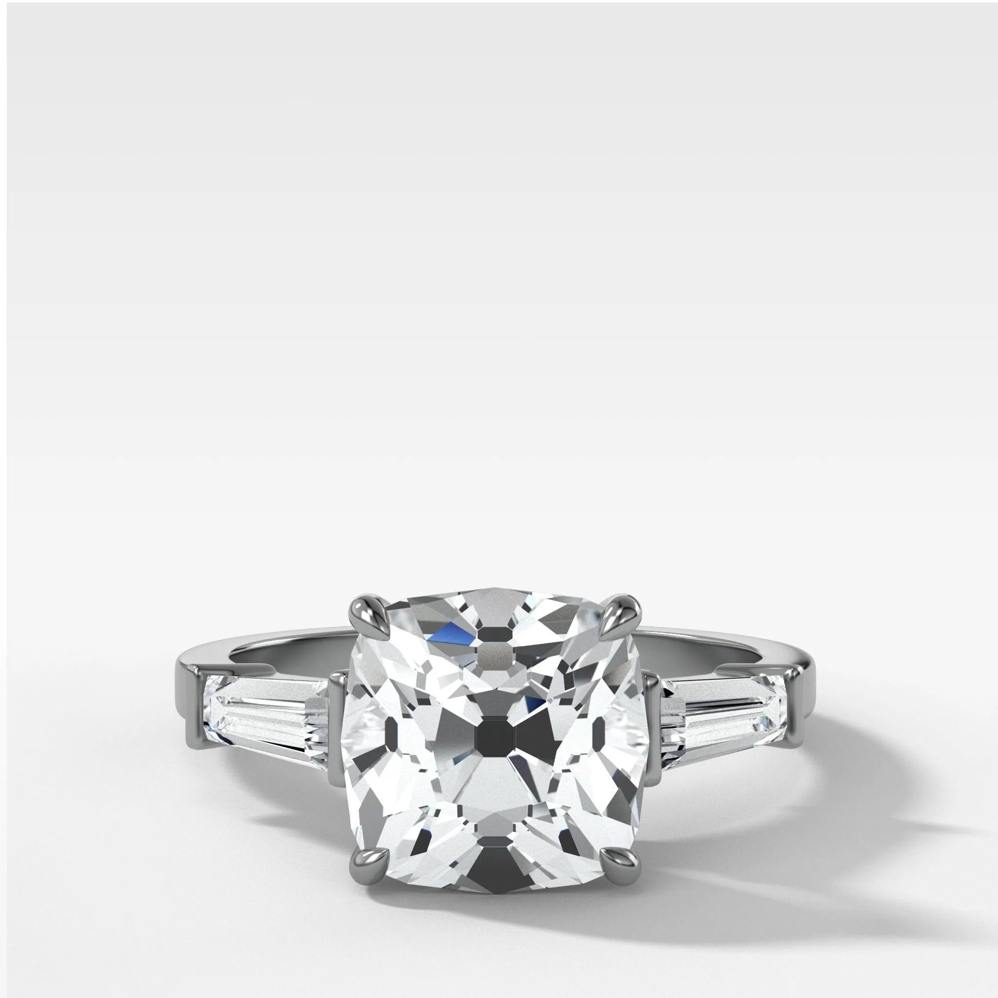 Translunar Tapered Baguette Engagement Ring With Old Mine Cut Diamond