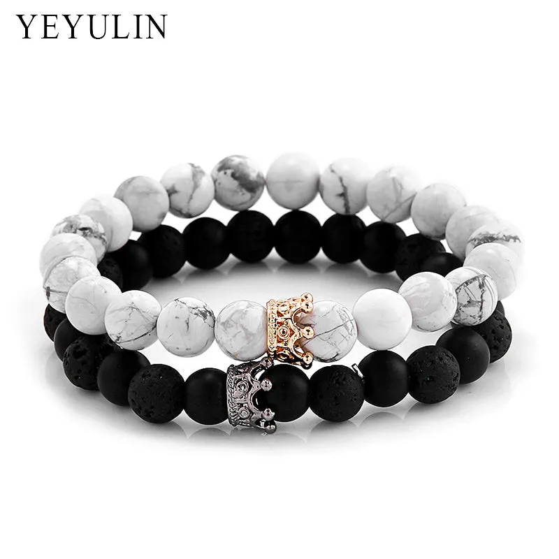 Trendy Black White Stone Beads with Gold Silver Color Alloy Crown Bracelet For Women Men Couple Bangles Jewelry