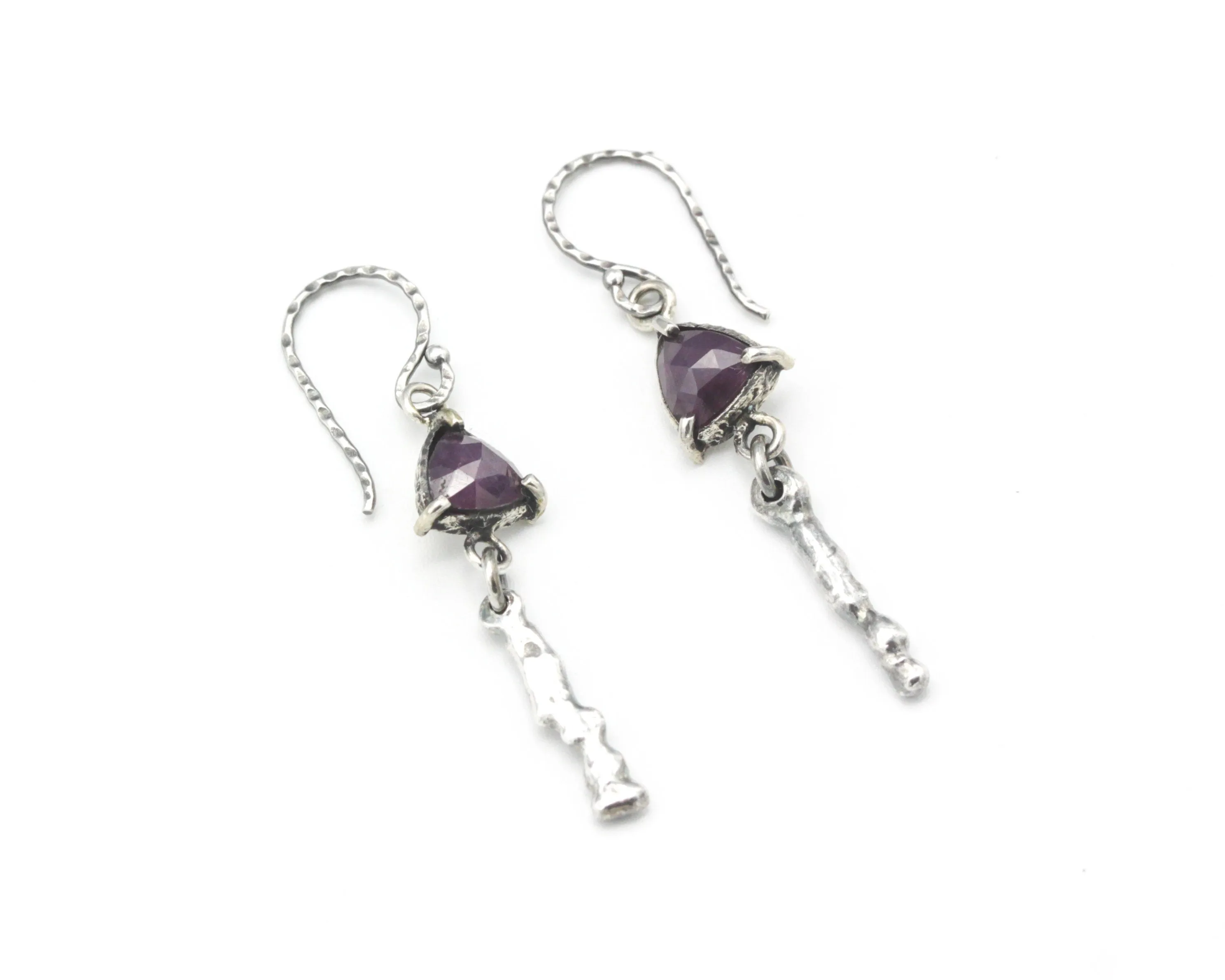 Triangle faceted pink sapphire earrings with silver stick on oxidized silver hooks style