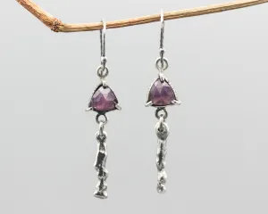 Triangle faceted pink sapphire earrings with silver stick on oxidized silver hooks style