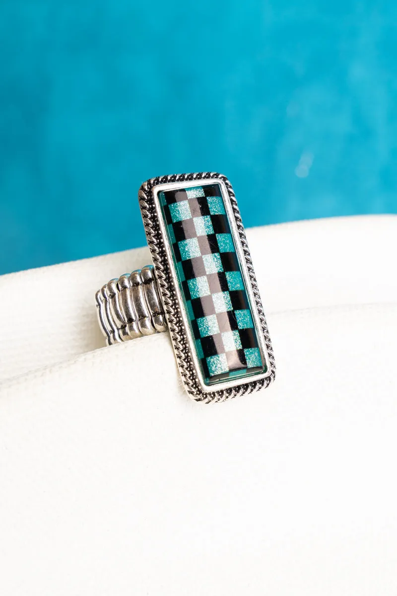 Turquoise and Black Glitter Checkerboard Stretch Silvertone Ring