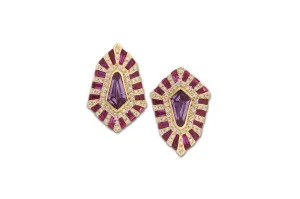 Twist Shield Purple and Pink Sapphire Diamond Stud Earrings