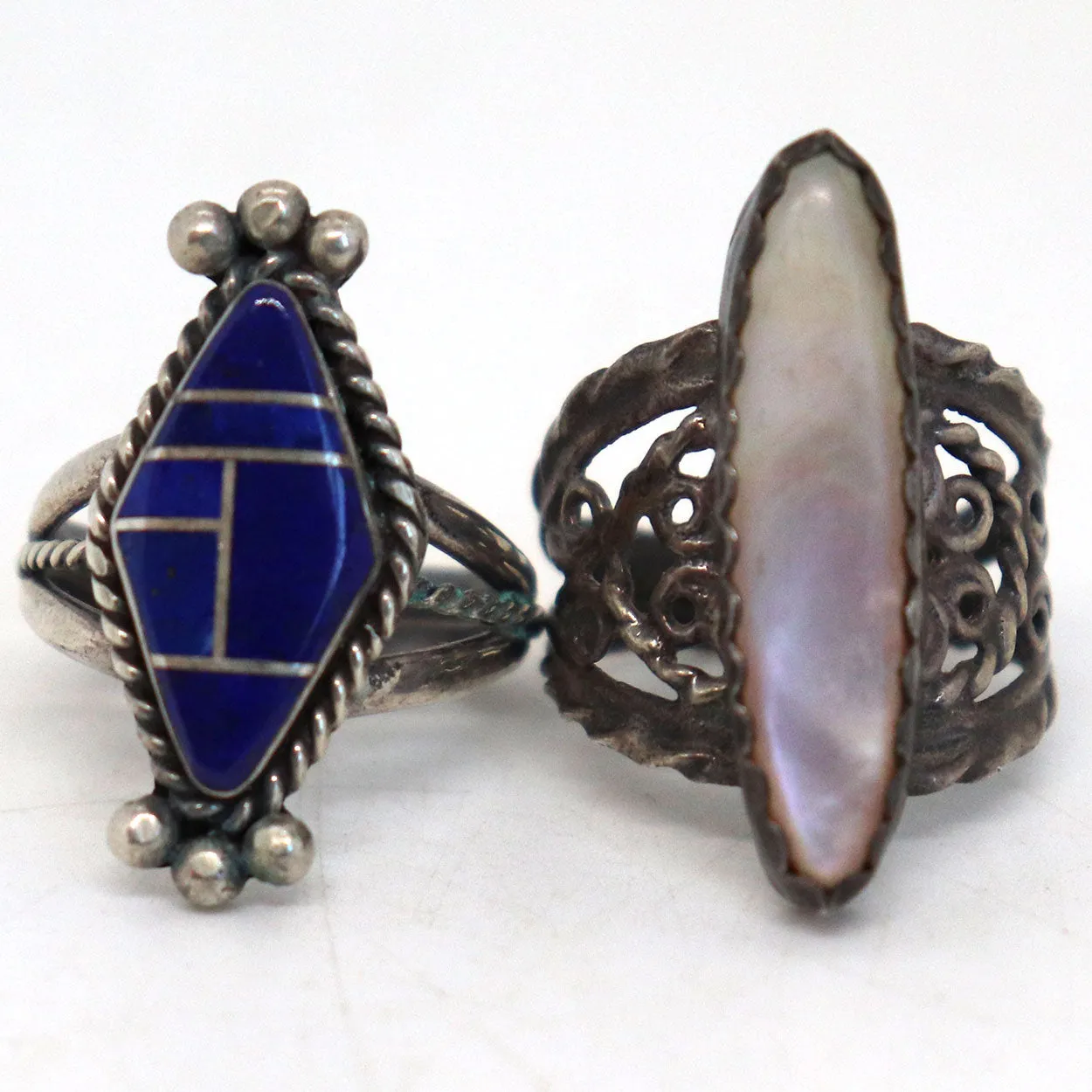 Two Vintage American Silver, Inlaid Lapis Lazuli and Mother-of-Pearl Rings