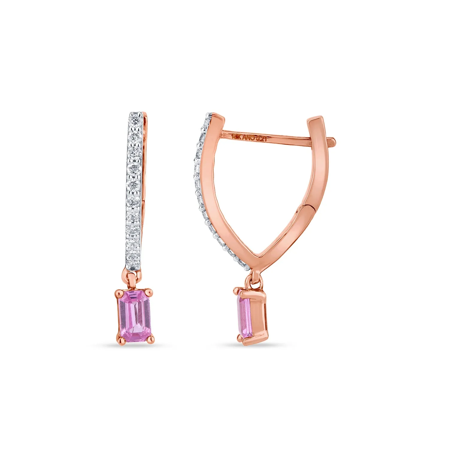 V shaped Diamond Hoops with Dancing Pink Sapphire