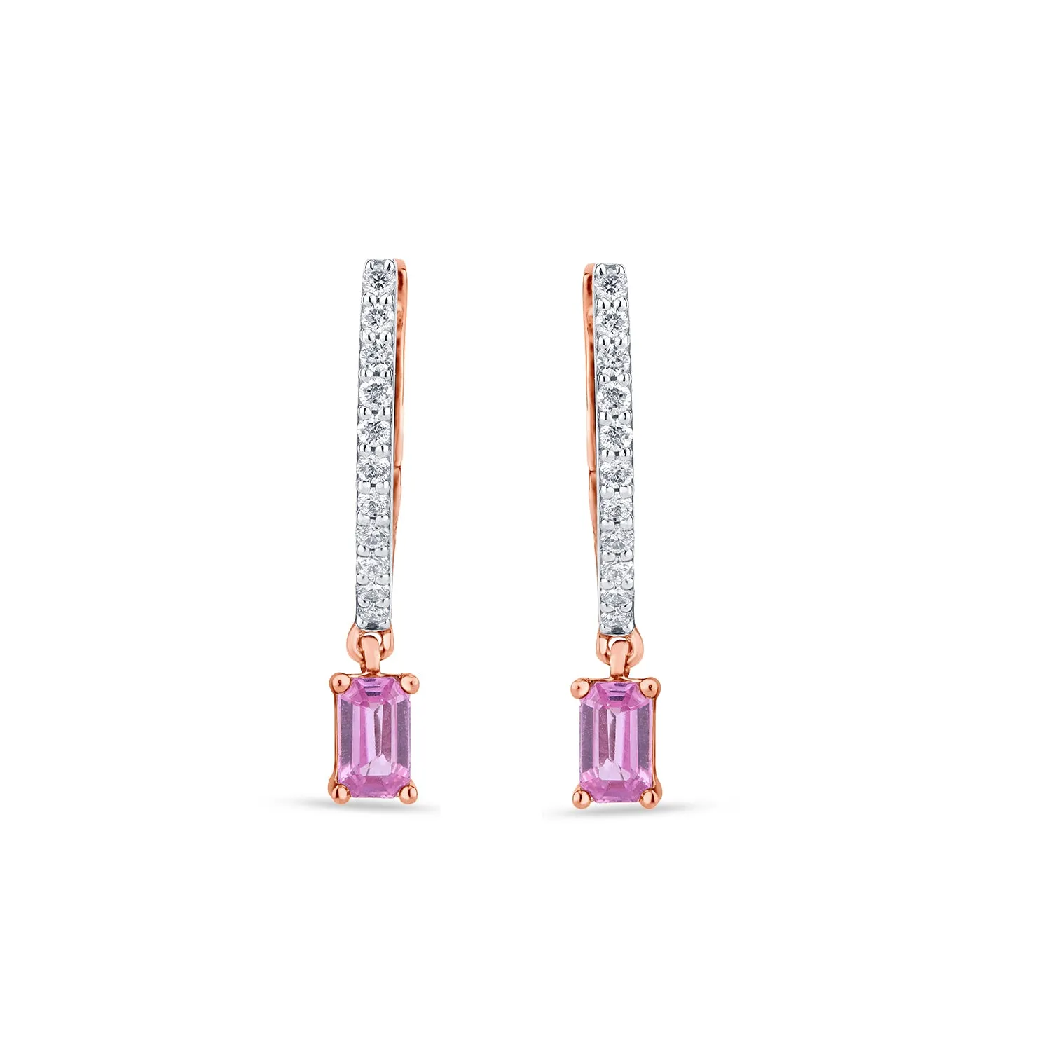 V shaped Diamond Hoops with Dancing Pink Sapphire