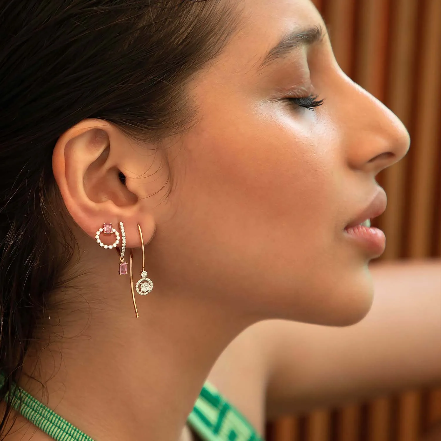 V shaped Diamond Hoops with Dancing Pink Sapphire
