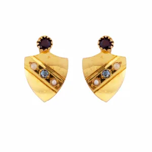 Victorian Patriotic Red White and Blue Shield Form Earrings in Yellow Gold