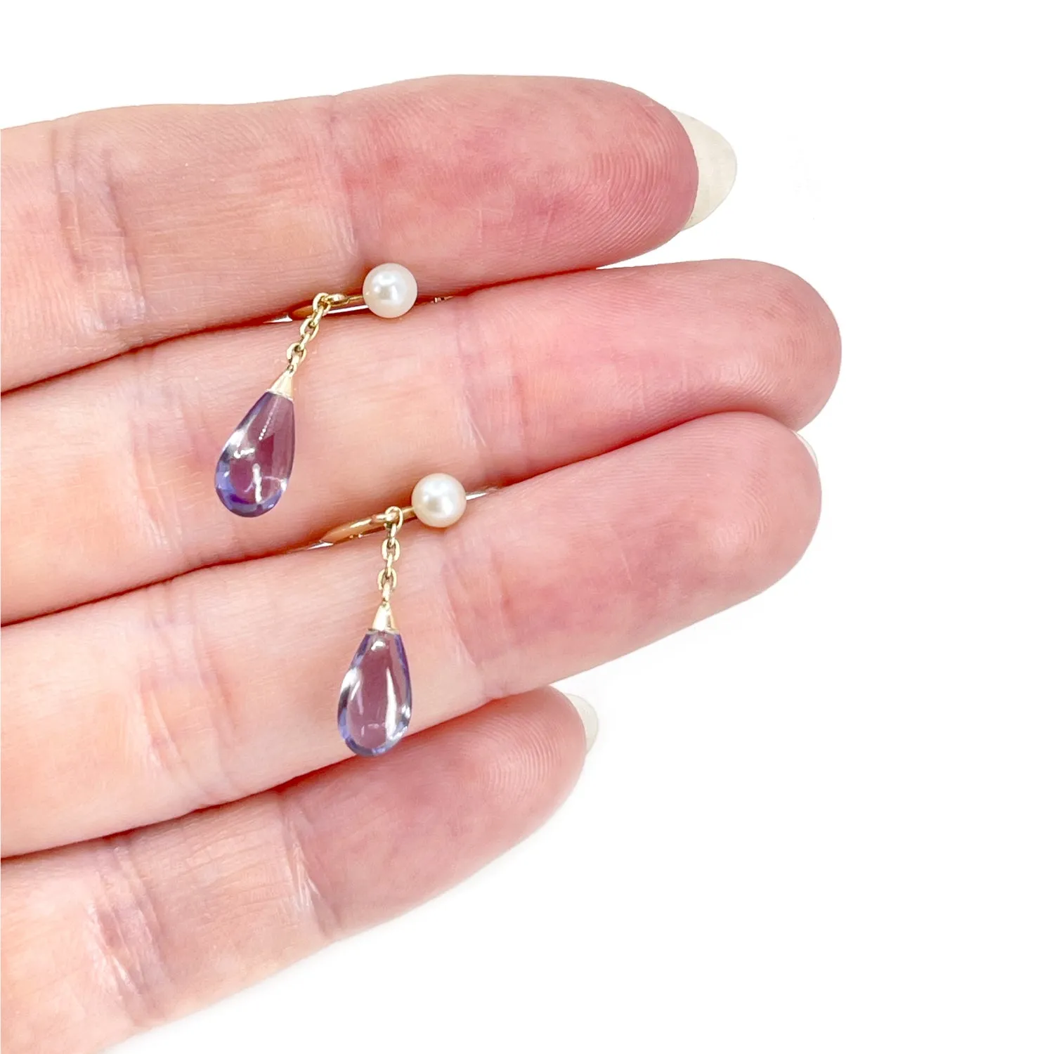 Victorian Syn Alexandrite Akoya Saltwater Cultured Seed Pearl Screwback Earrings- 14K Yellow Gold