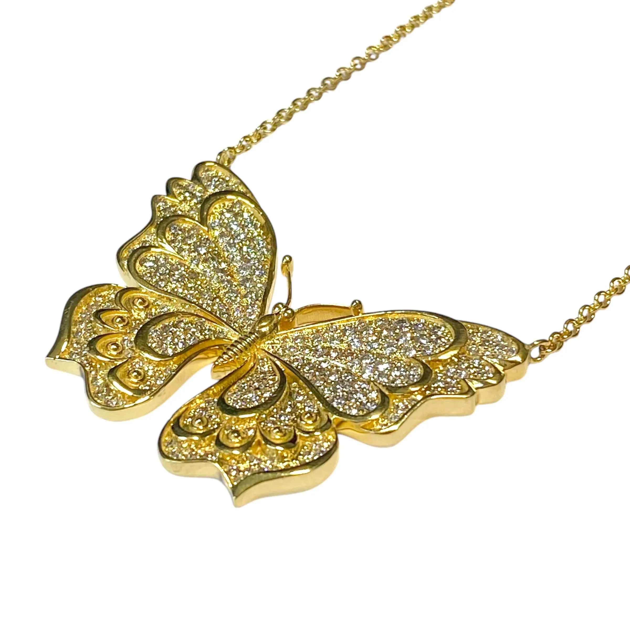 Vintage 18K Yellow Gold Pave Diamond Butterfly Necklace