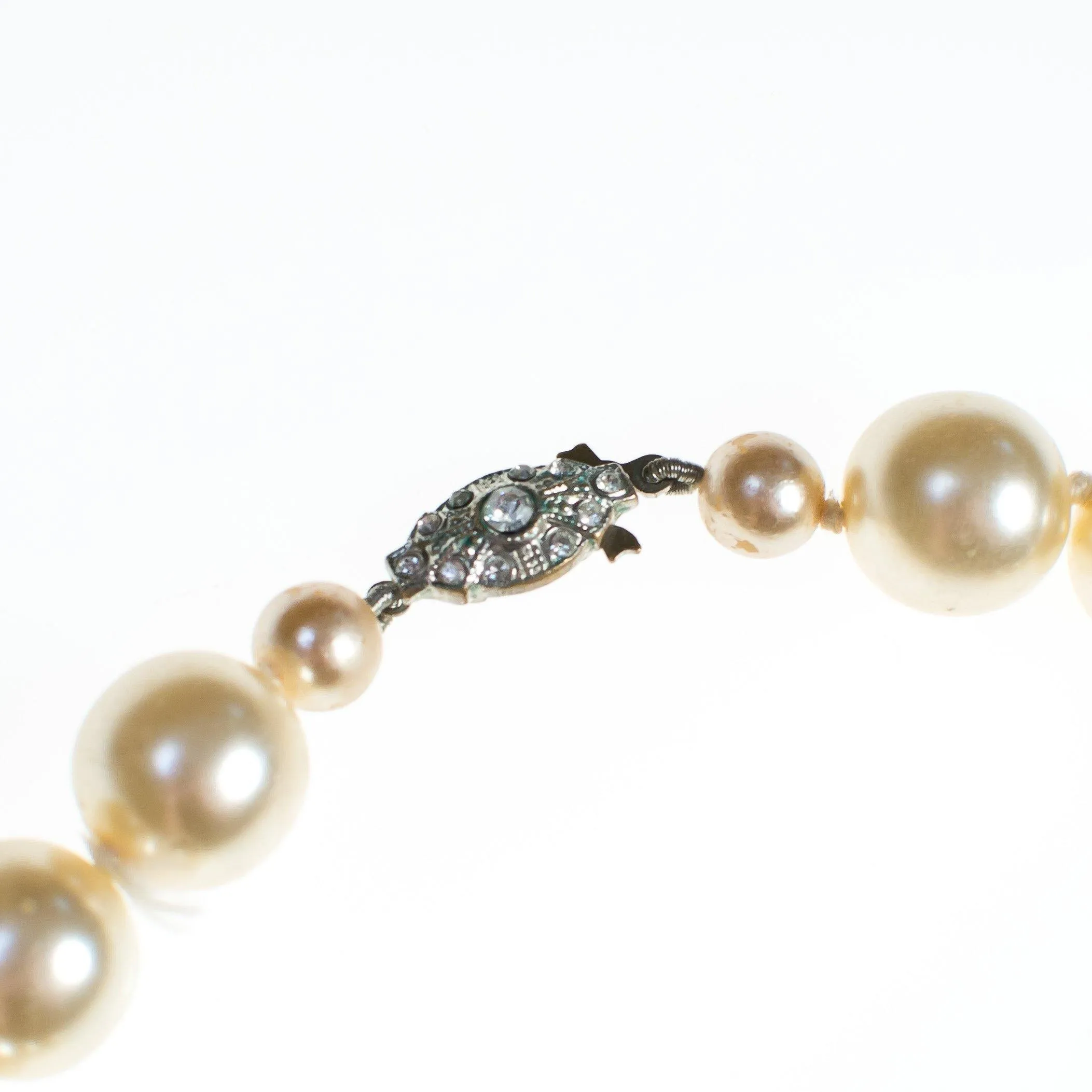 Vintage 1940s Large Millimeter Cream Glass Faux Pearl Long Length Hand Knotted Necklace with Rhinestone Clasp
