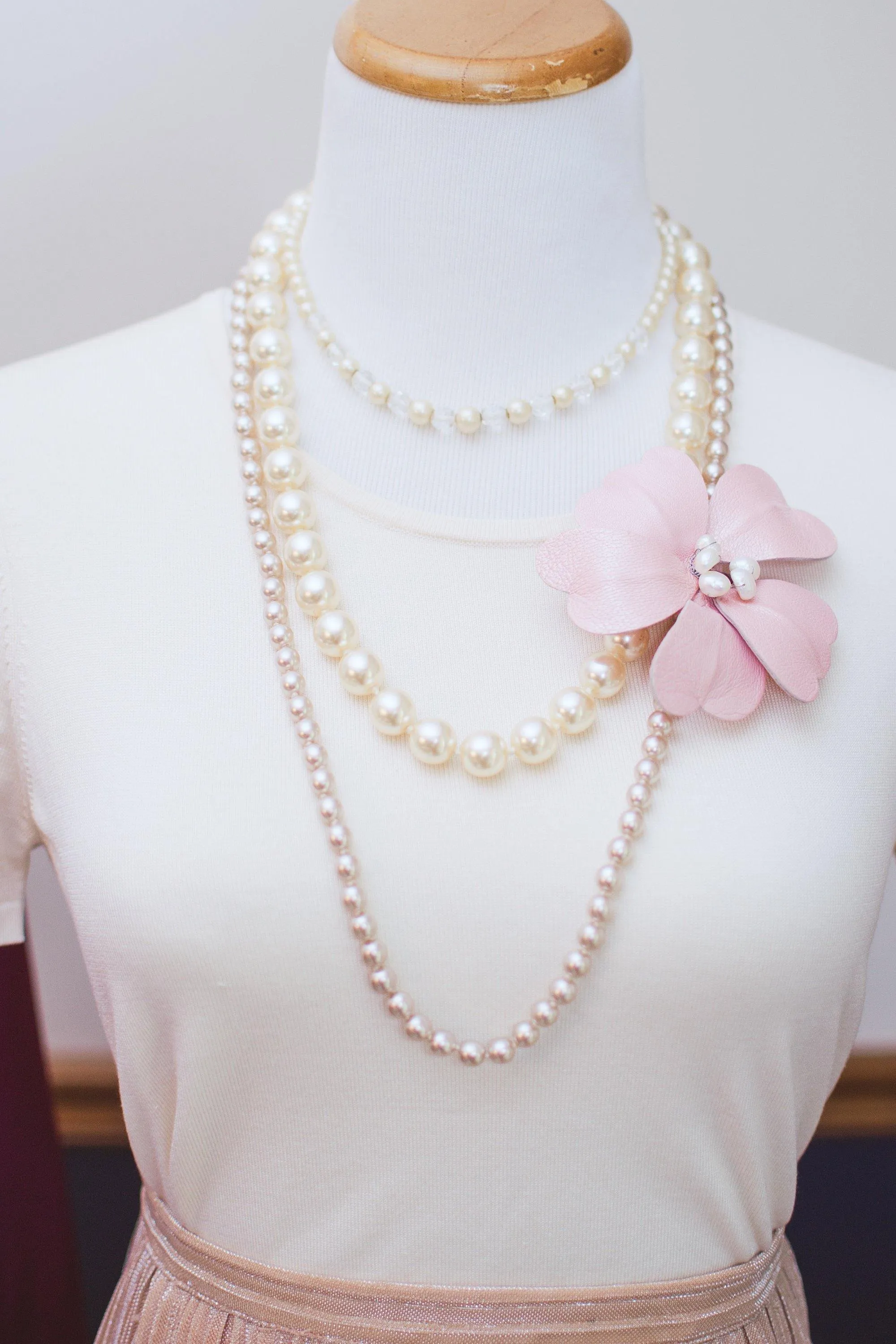 Vintage 1940s Large Millimeter Cream Glass Faux Pearl Long Length Hand Knotted Necklace with Rhinestone Clasp
