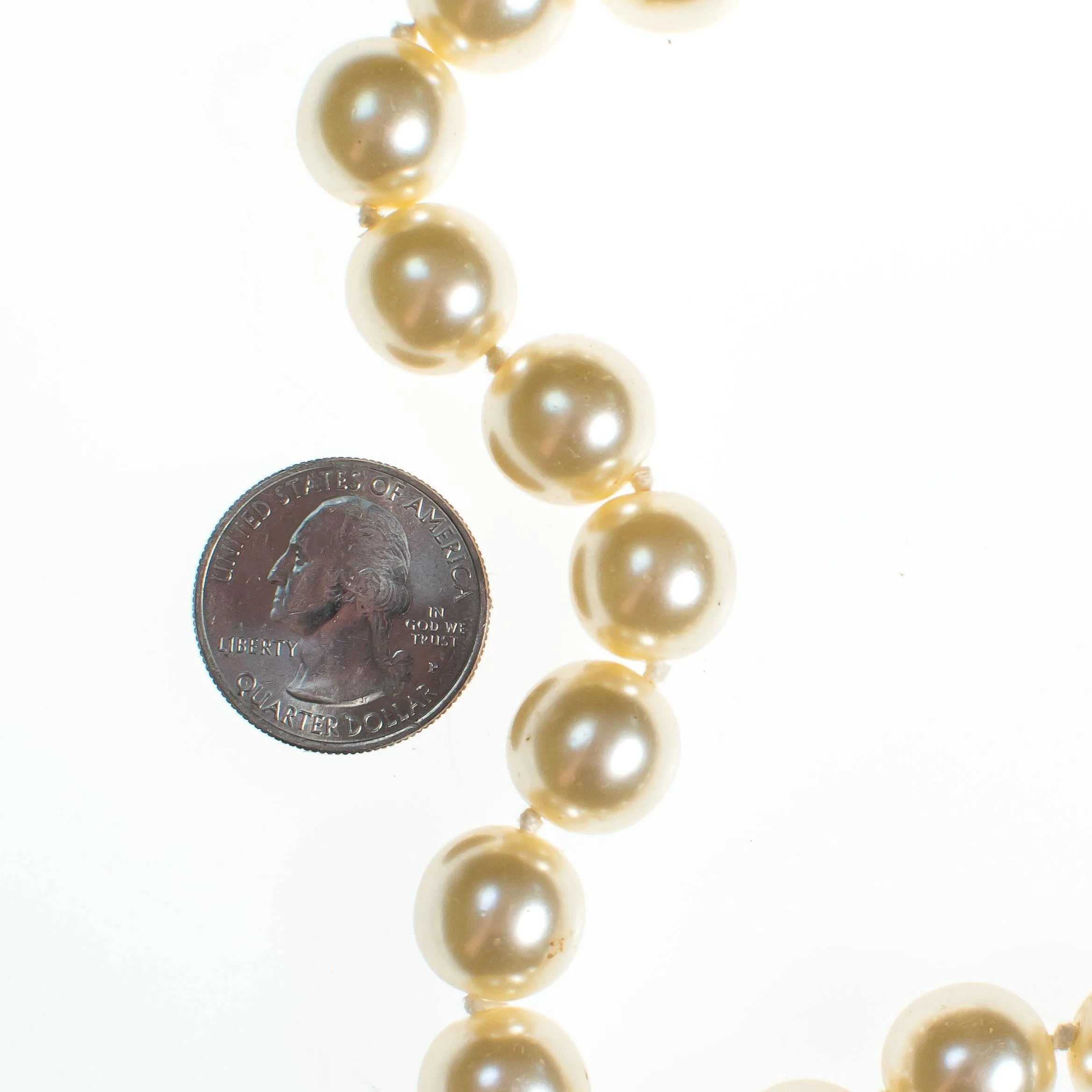 Vintage 1940s Large Millimeter Cream Glass Faux Pearl Long Length Hand Knotted Necklace with Rhinestone Clasp