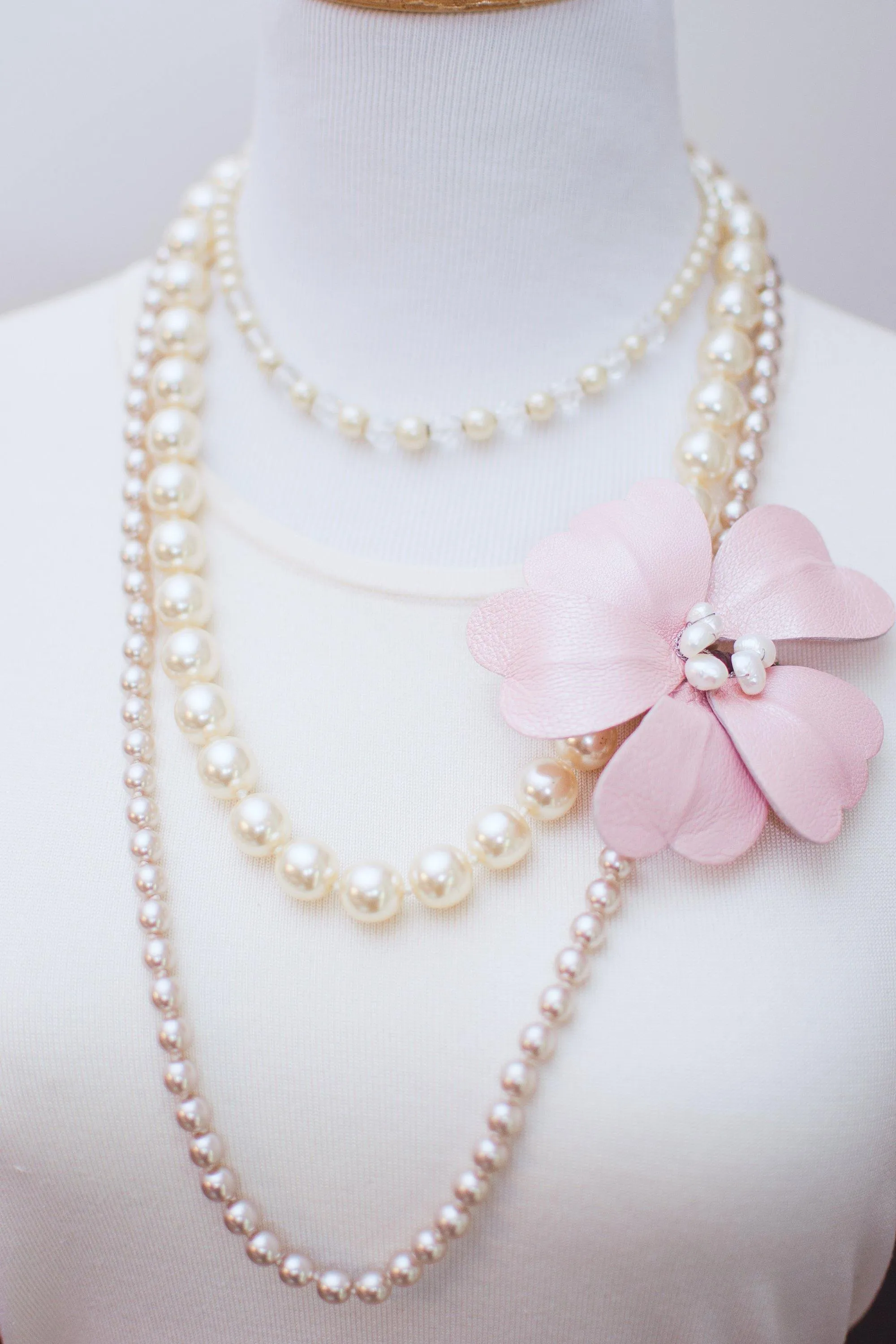 Vintage 1940s Large Millimeter Cream Glass Faux Pearl Long Length Hand Knotted Necklace with Rhinestone Clasp