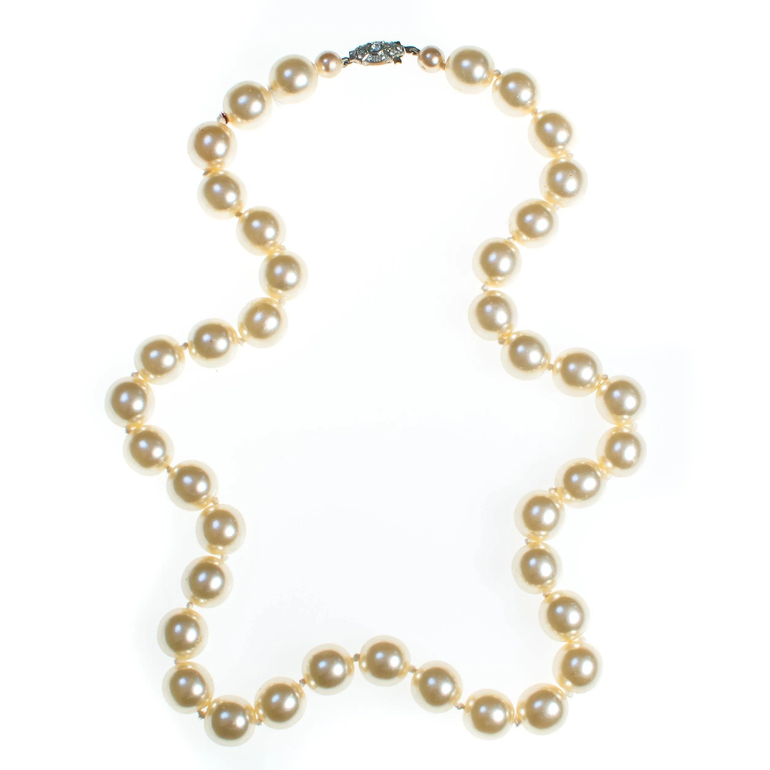 Vintage 1940s Large Millimeter Cream Glass Faux Pearl Long Length Hand Knotted Necklace with Rhinestone Clasp