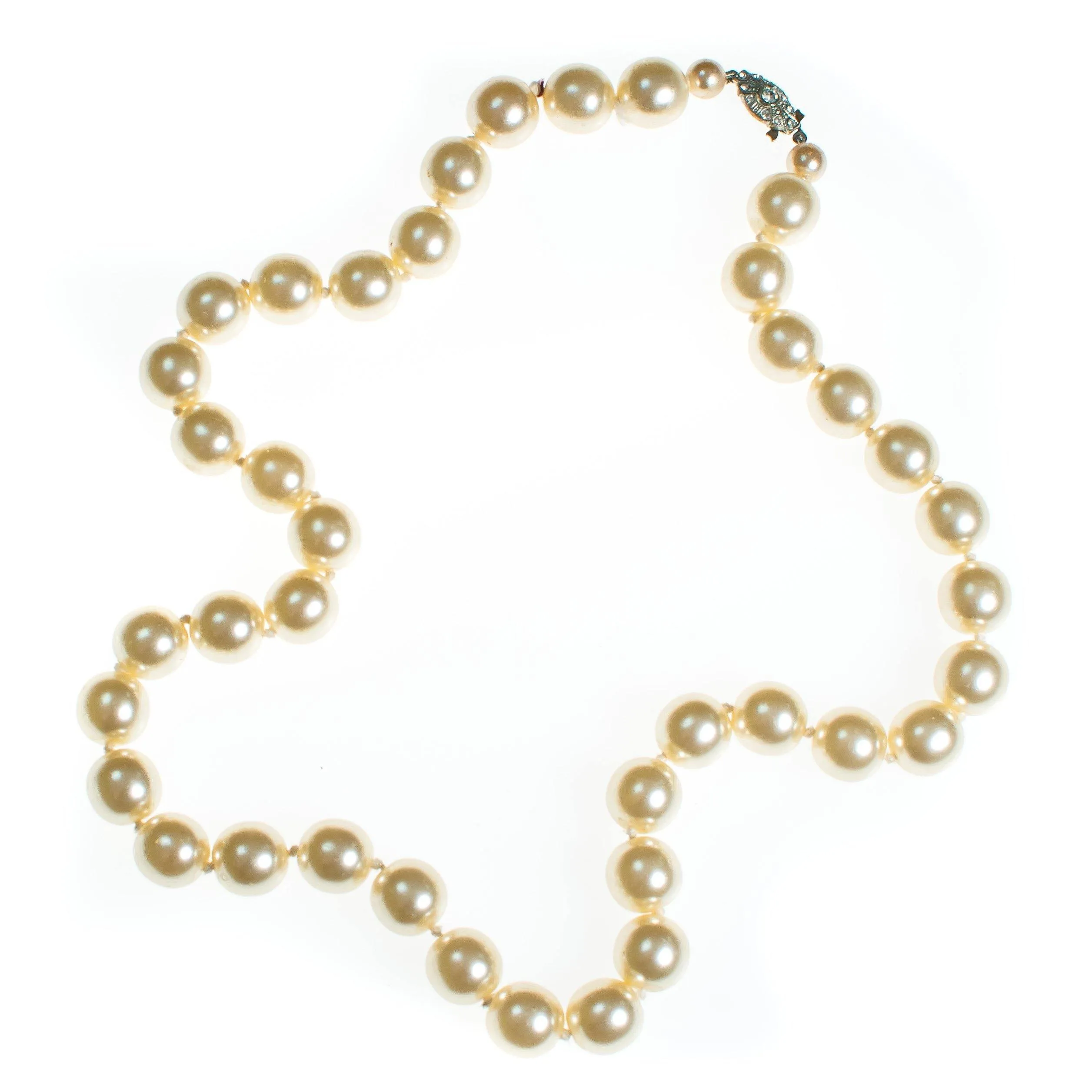 Vintage 1940s Large Millimeter Cream Glass Faux Pearl Long Length Hand Knotted Necklace with Rhinestone Clasp
