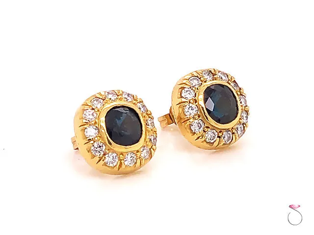 Vintage Blue Sapphire & Diamond Cushion Halo Stud Earrings