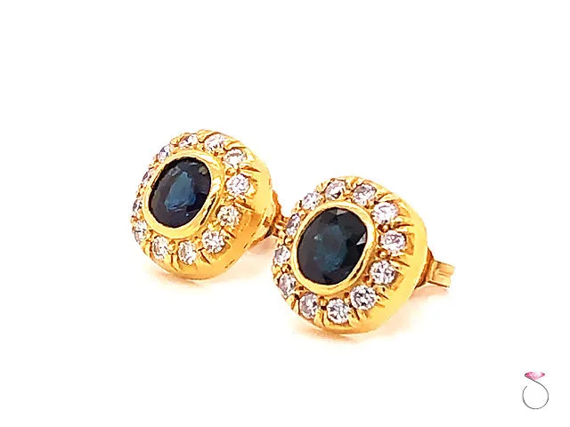 Vintage Blue Sapphire & Diamond Cushion Halo Stud Earrings