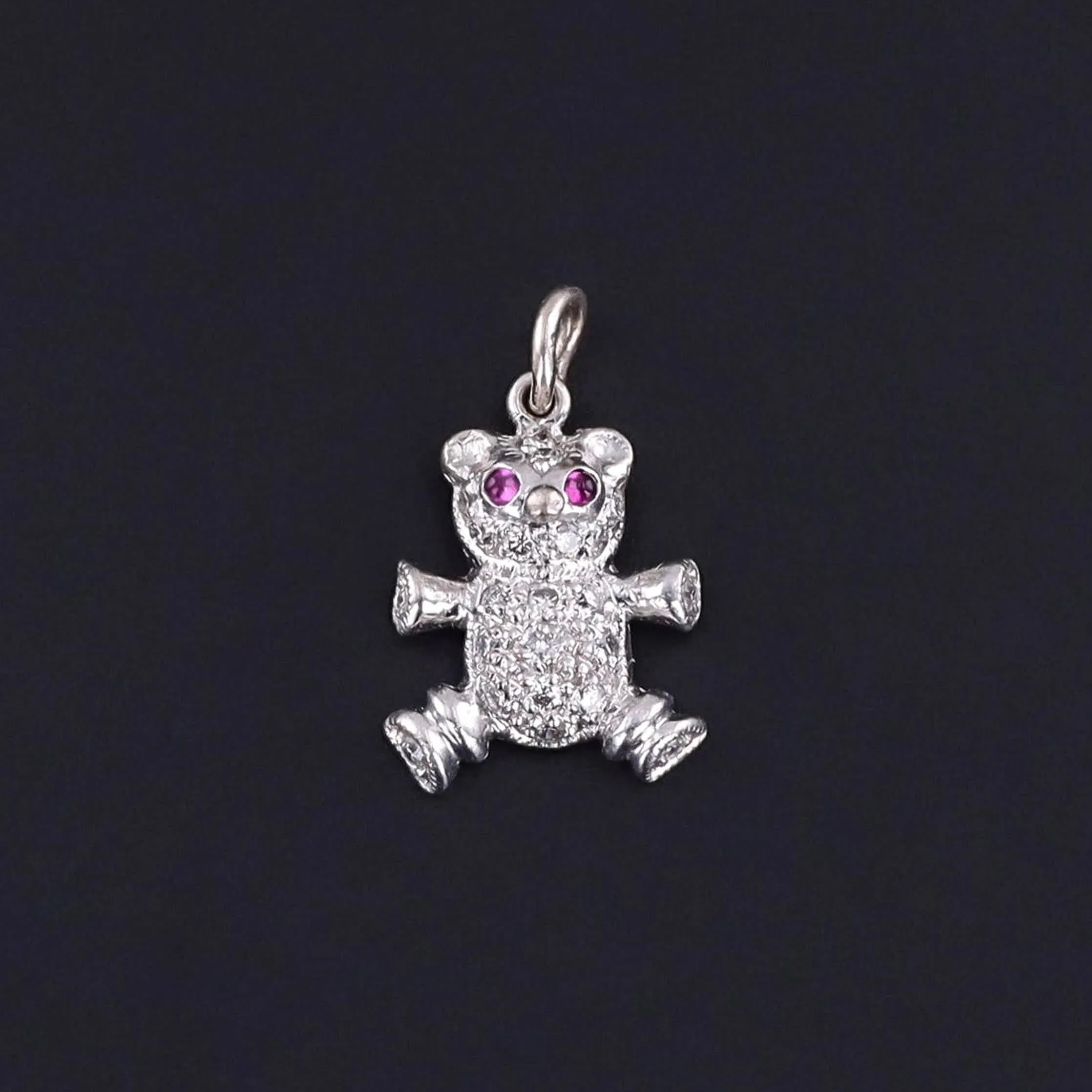 Vintage Diamond Teddy Bear Charm of 18k White Gold