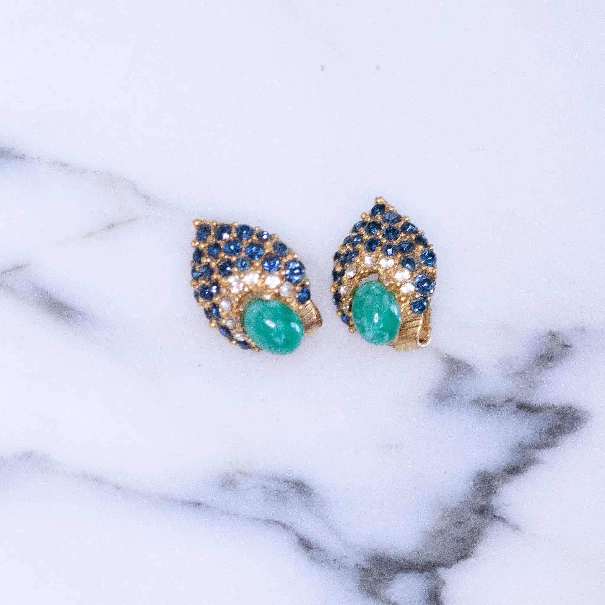 Vintage Faux Jade, Sapphire Crystal and Diamante Earrings