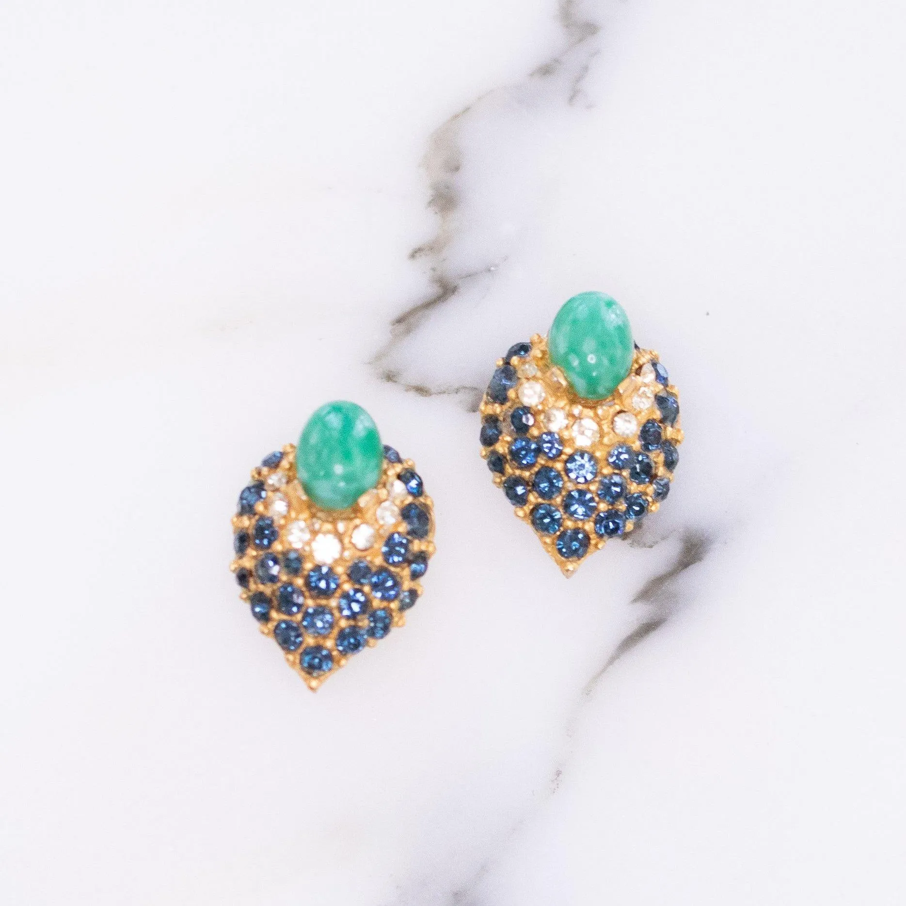 Vintage Faux Jade, Sapphire Crystal and Diamante Earrings