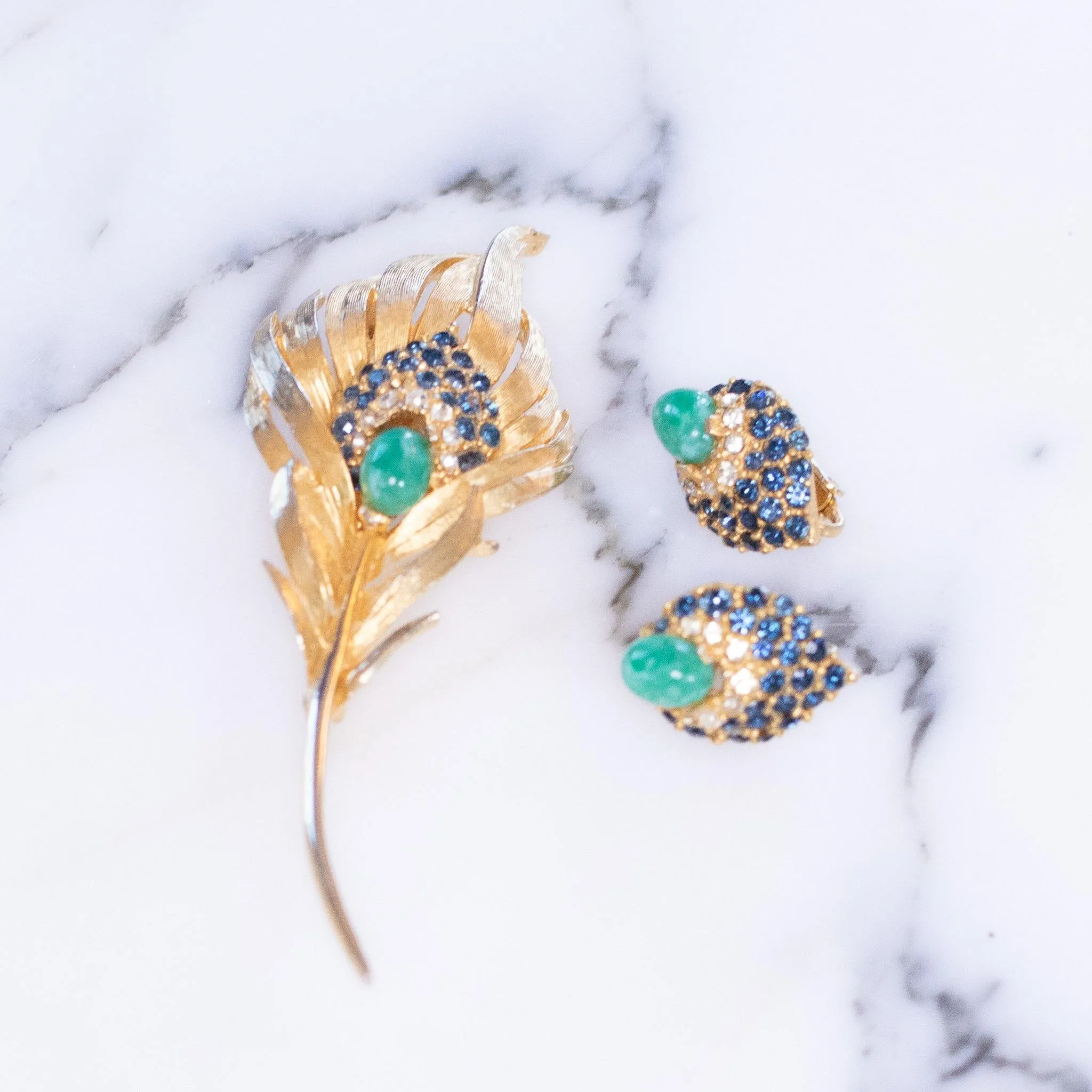 Vintage Faux Jade, Sapphire Crystal and Diamante Earrings