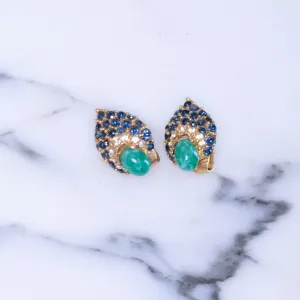 Vintage Faux Jade, Sapphire Crystal and Diamante Earrings