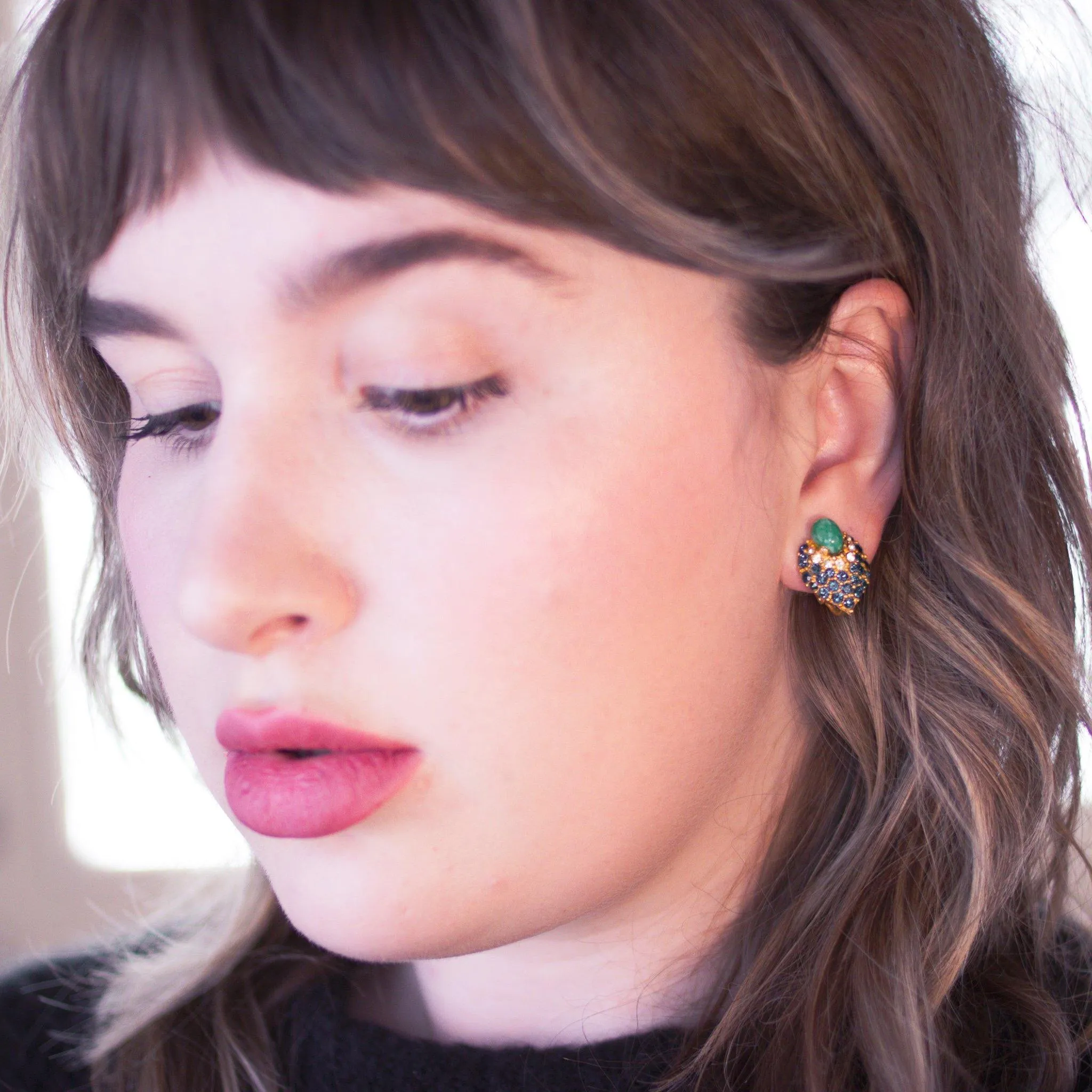 Vintage Faux Jade, Sapphire Crystal and Diamante Earrings