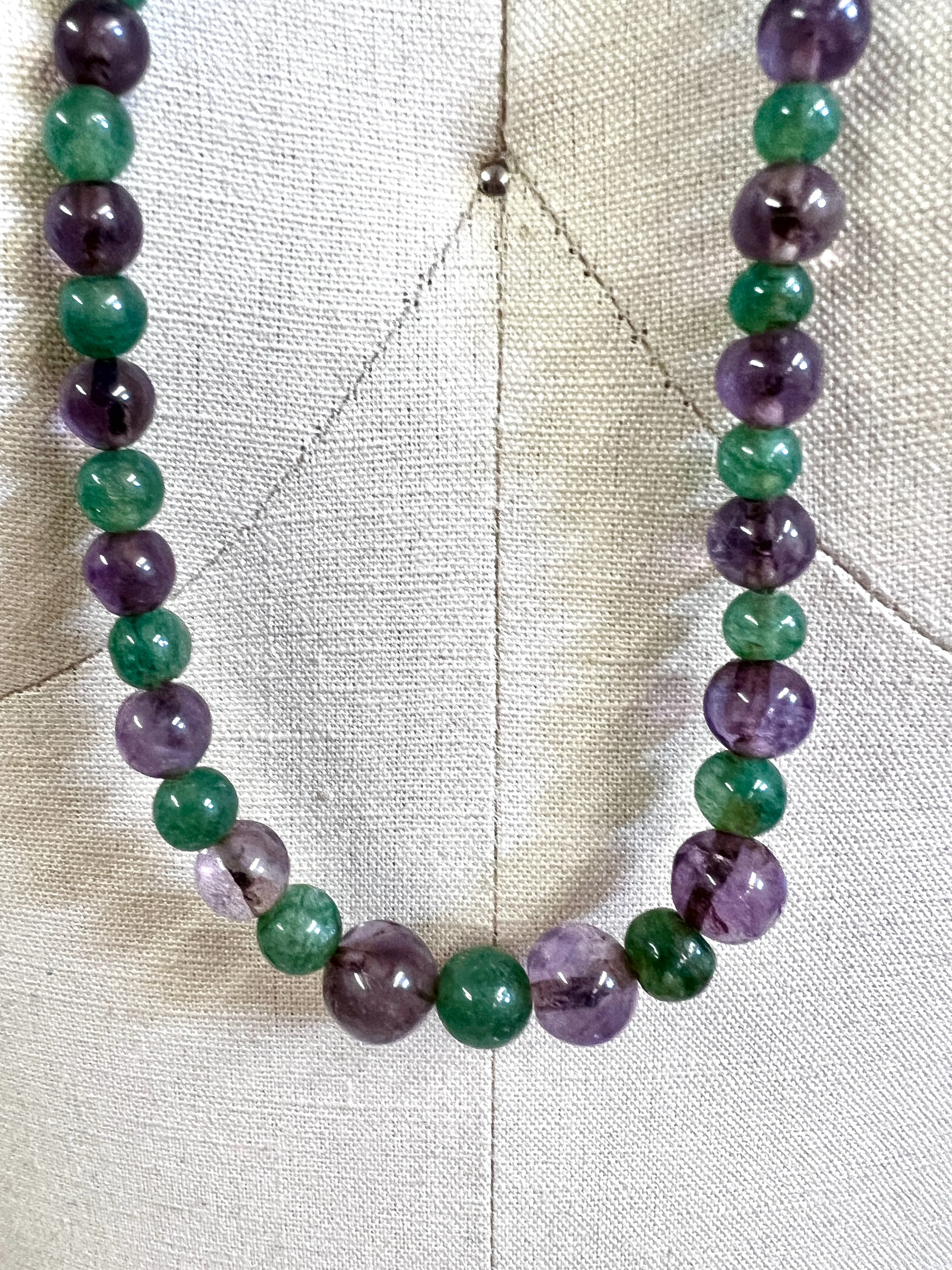 Vintage Gemstone Necklace Rock Crystal Amethyst/Green Malachite 32"