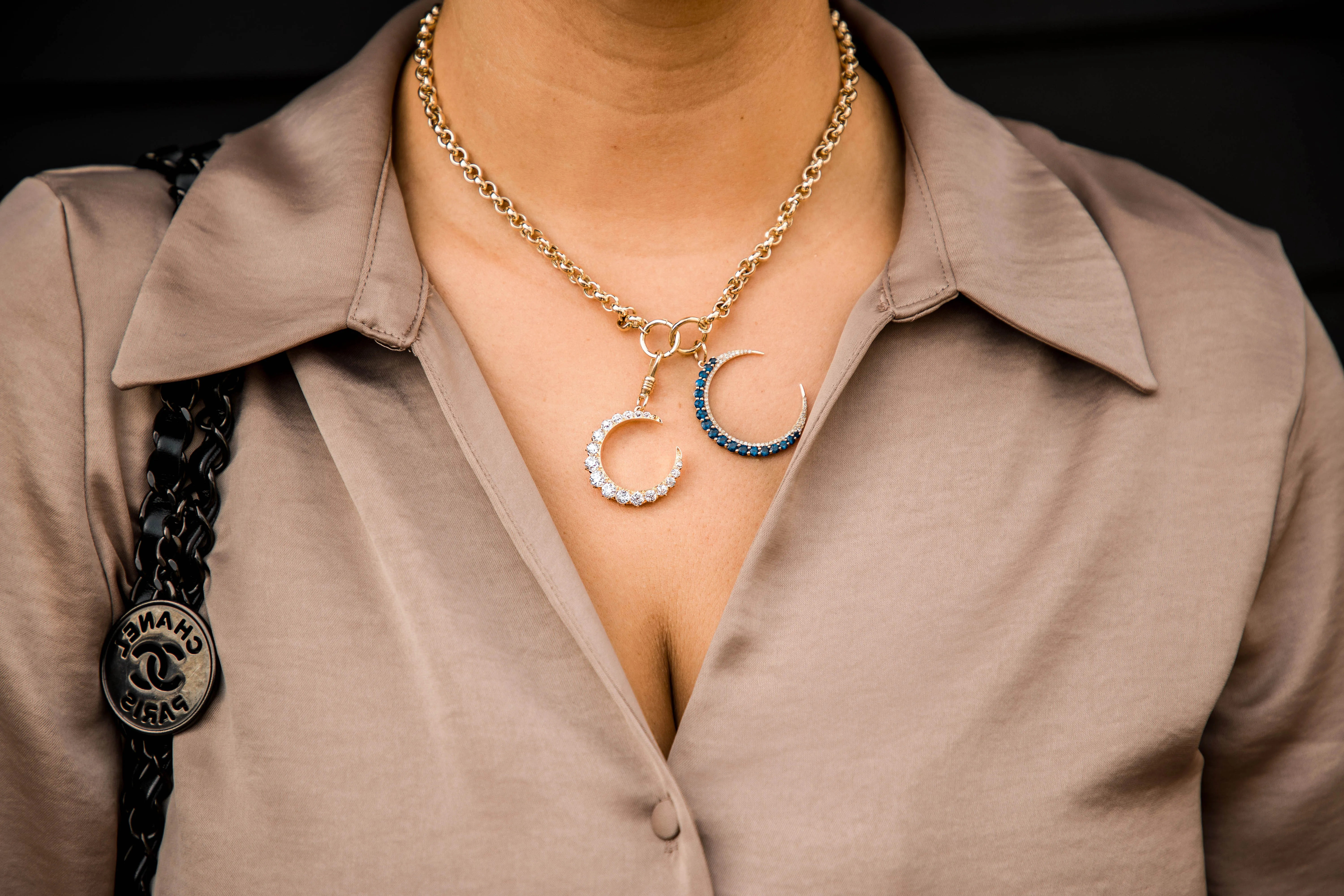 Vintage Inspired Crescent Moon Pendant Charm Blue Sapphire