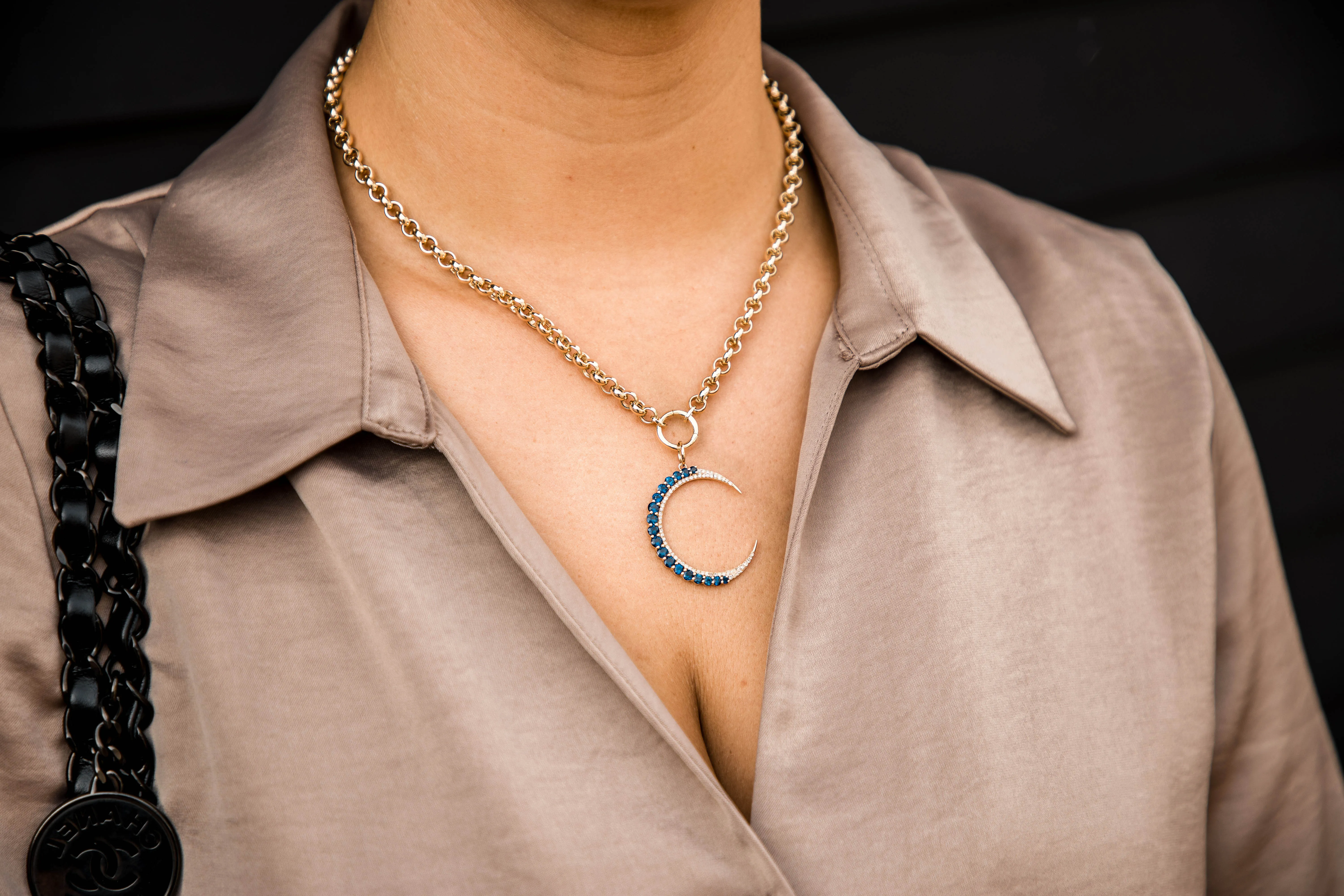 Vintage Inspired Crescent Moon Pendant Charm Blue Sapphire
