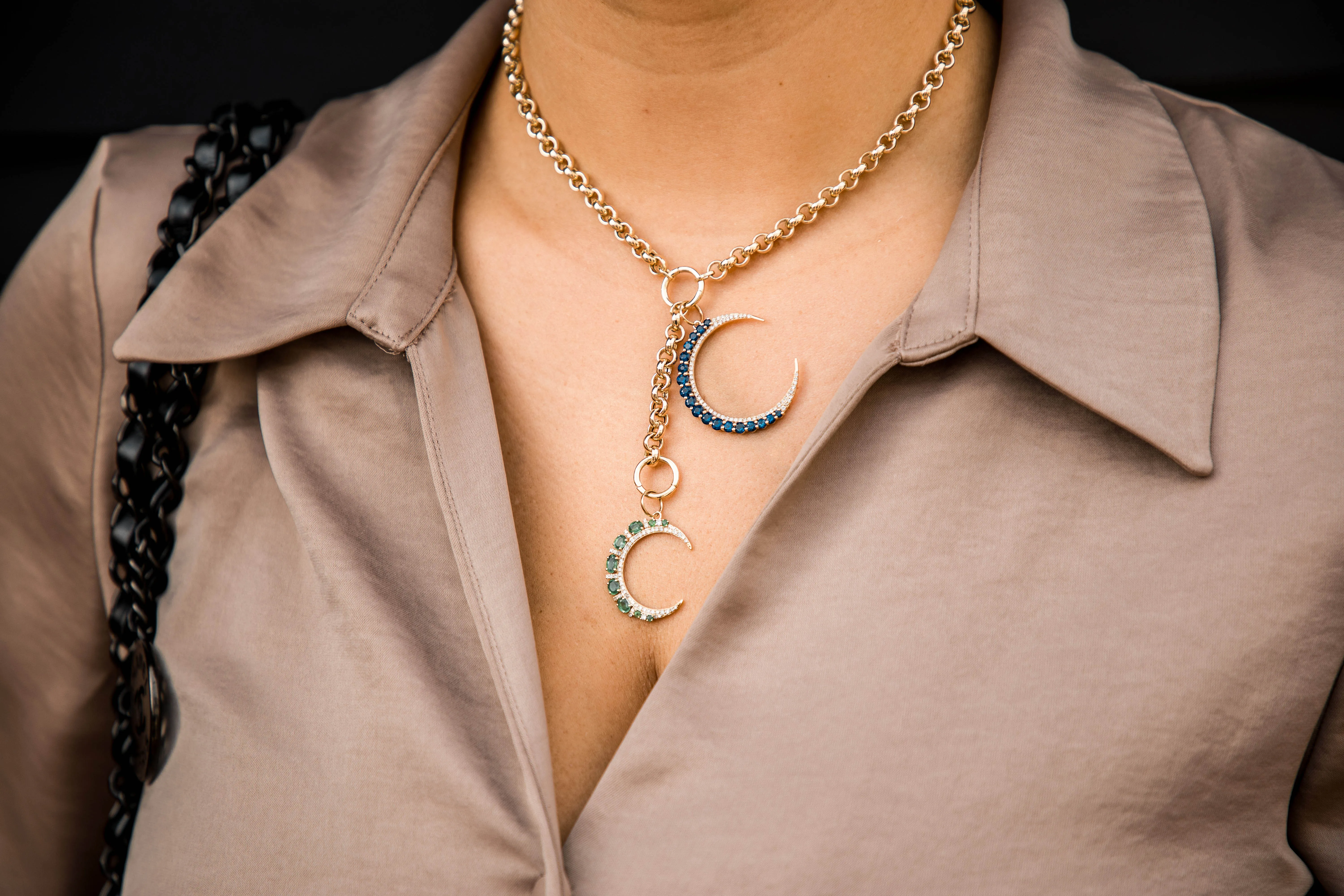 Vintage Inspired Crescent Moon Pendant Charm Blue Sapphire