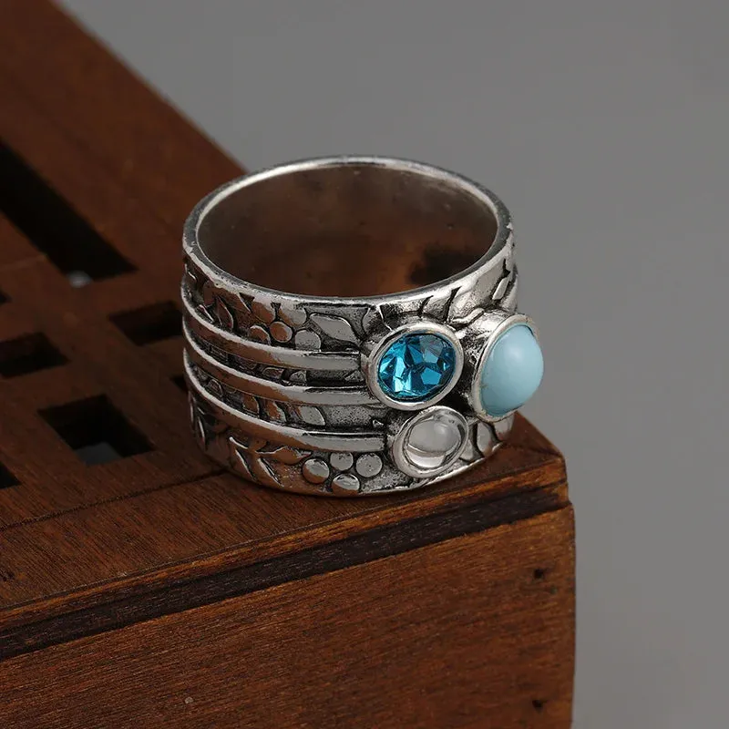 Vintage Natural Stone Rings, Leaf embossed Ring, Boho Jewelry, Natural Stone Ring